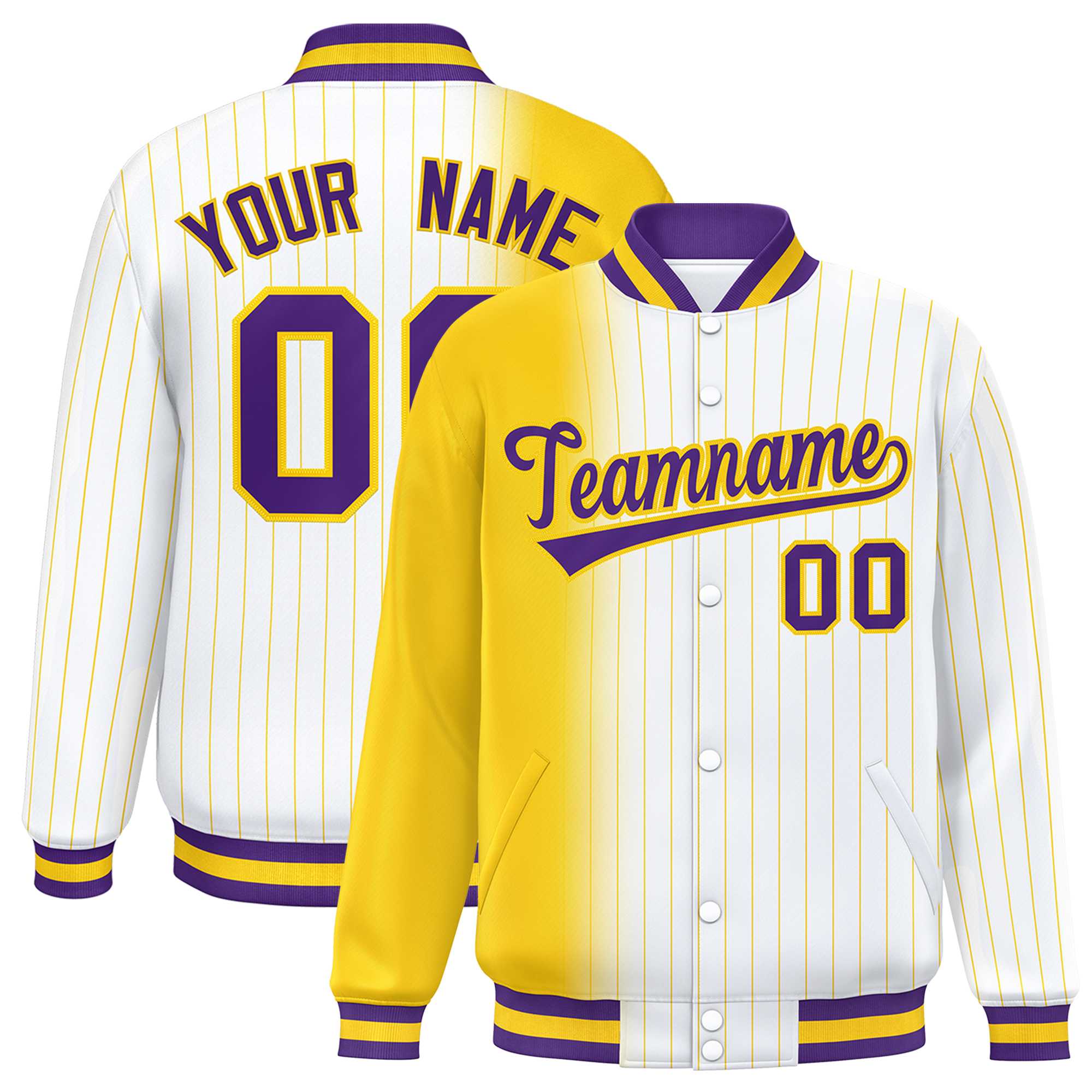 Custom White Gold Gradient Varsity Full-Snap Pinstripe Letterman Baseball Jacket