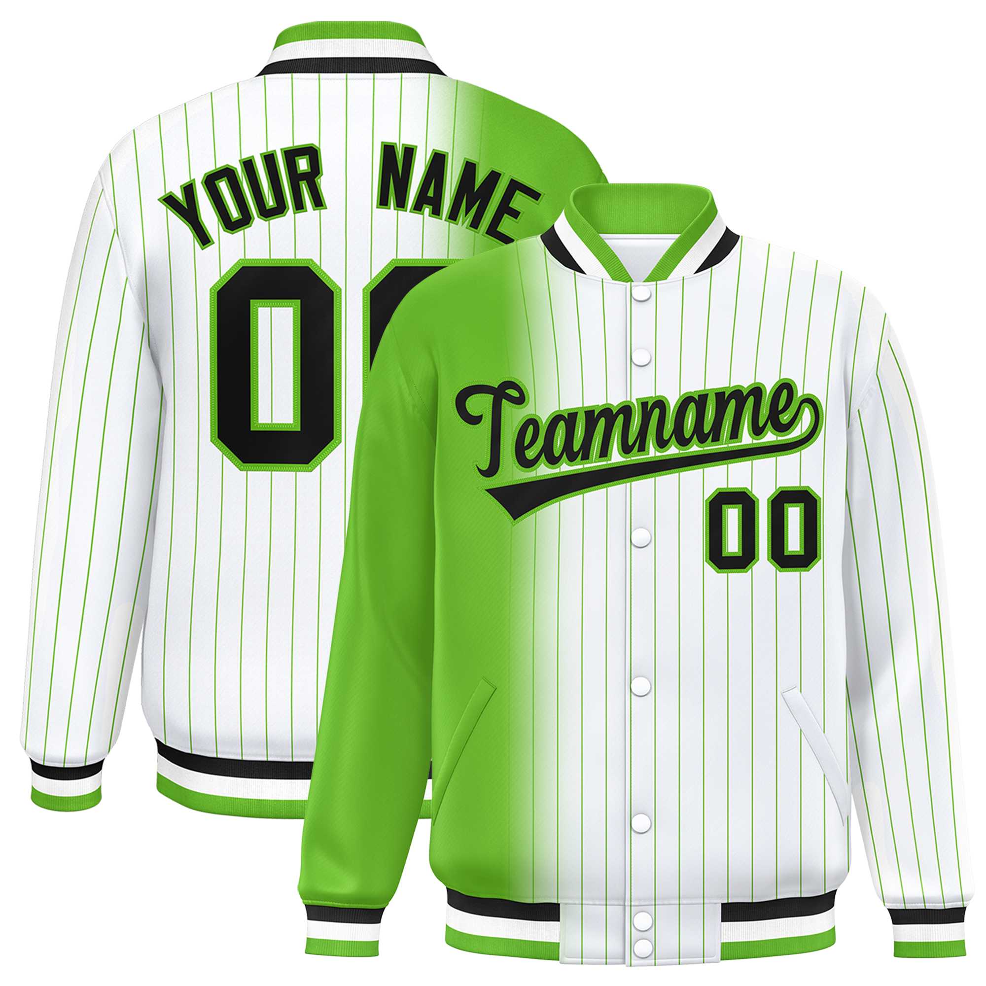 Custom White Green Gradient Varsity Full-Snap Pinstripe Letterman Baseball Jacket