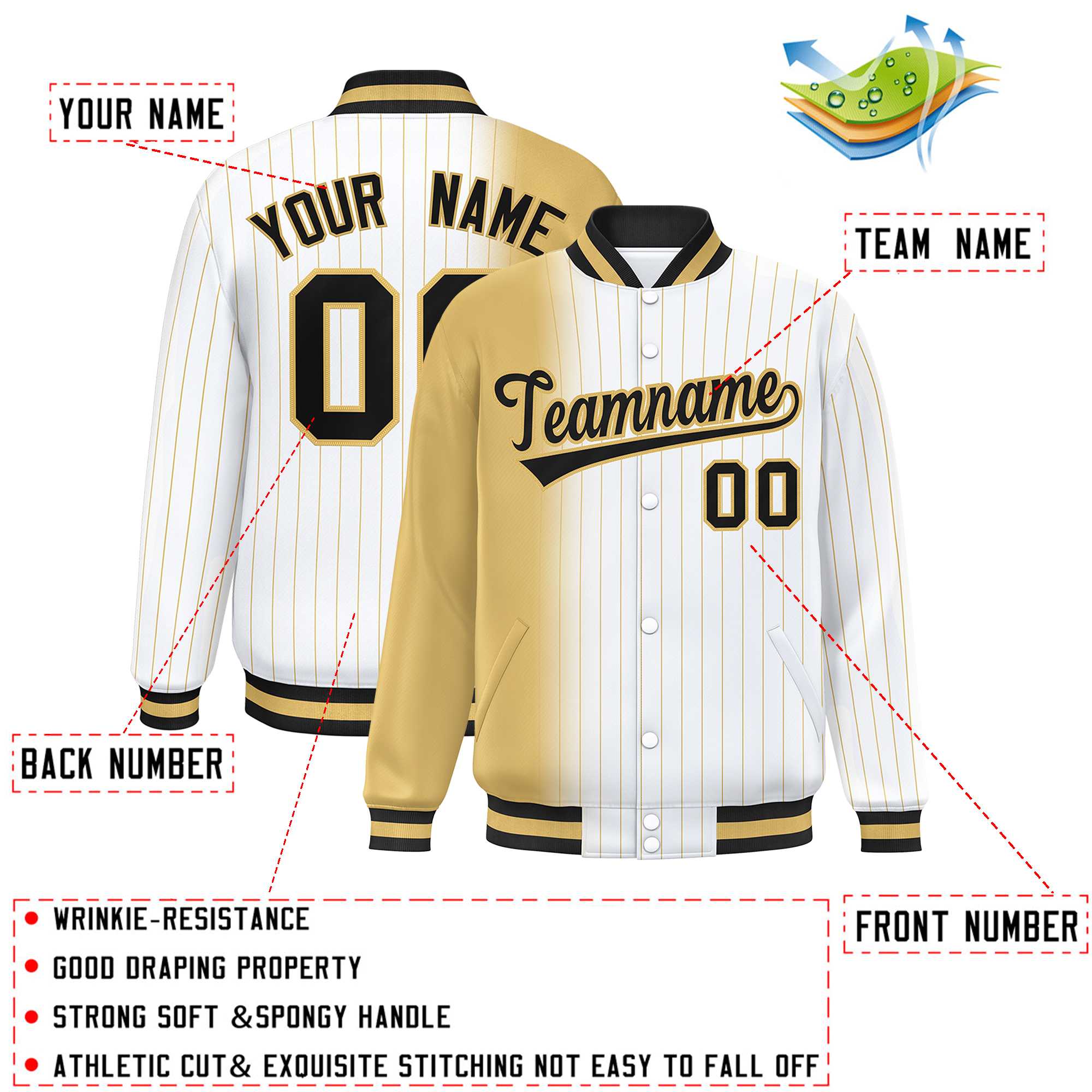 Custom White Old Gold Gradient Varsity Full-Snap Pinstripe Letterman Baseball Jacket