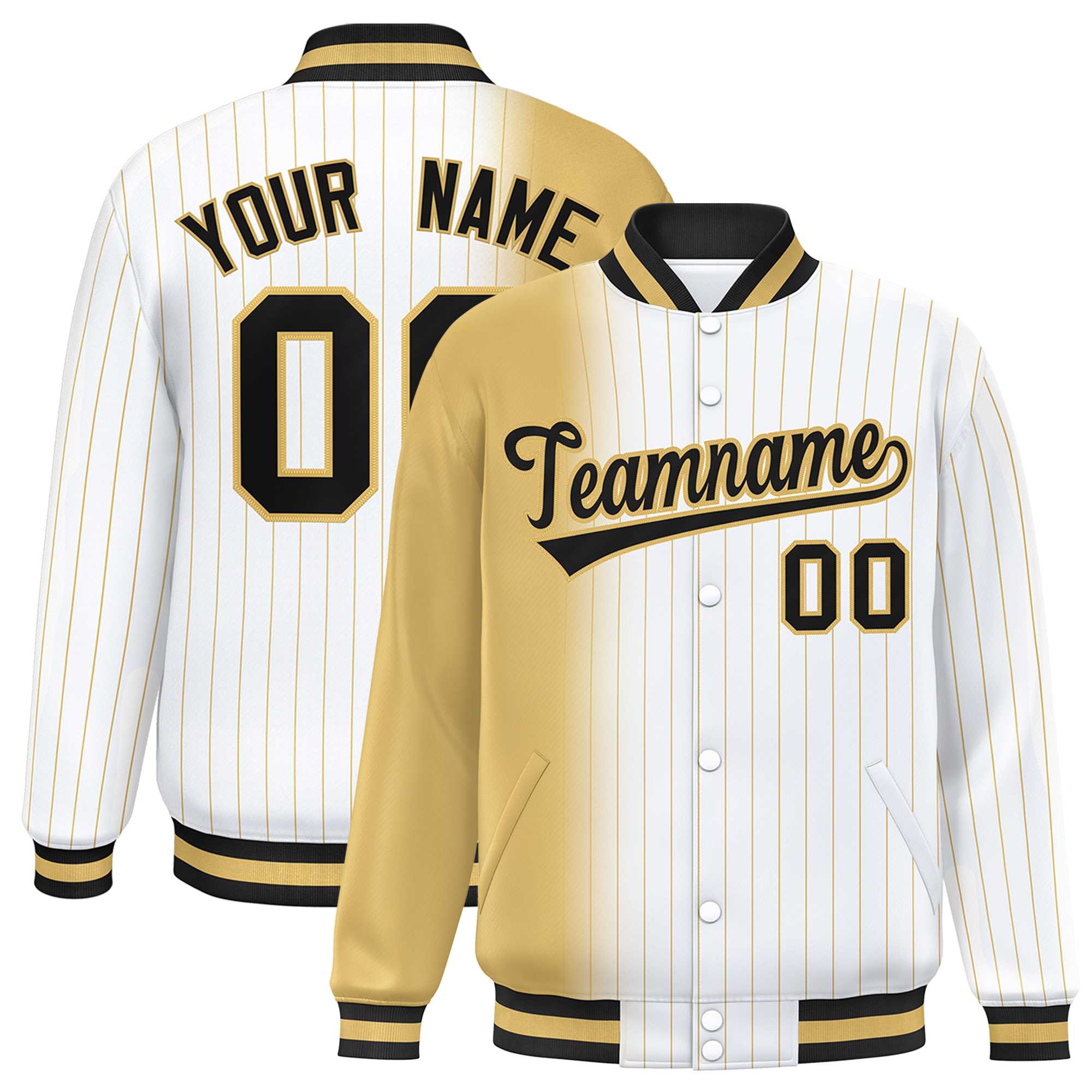 Custom White Old Gold Gradient Varsity Full-Snap Pinstripe Letterman Baseball Jacket