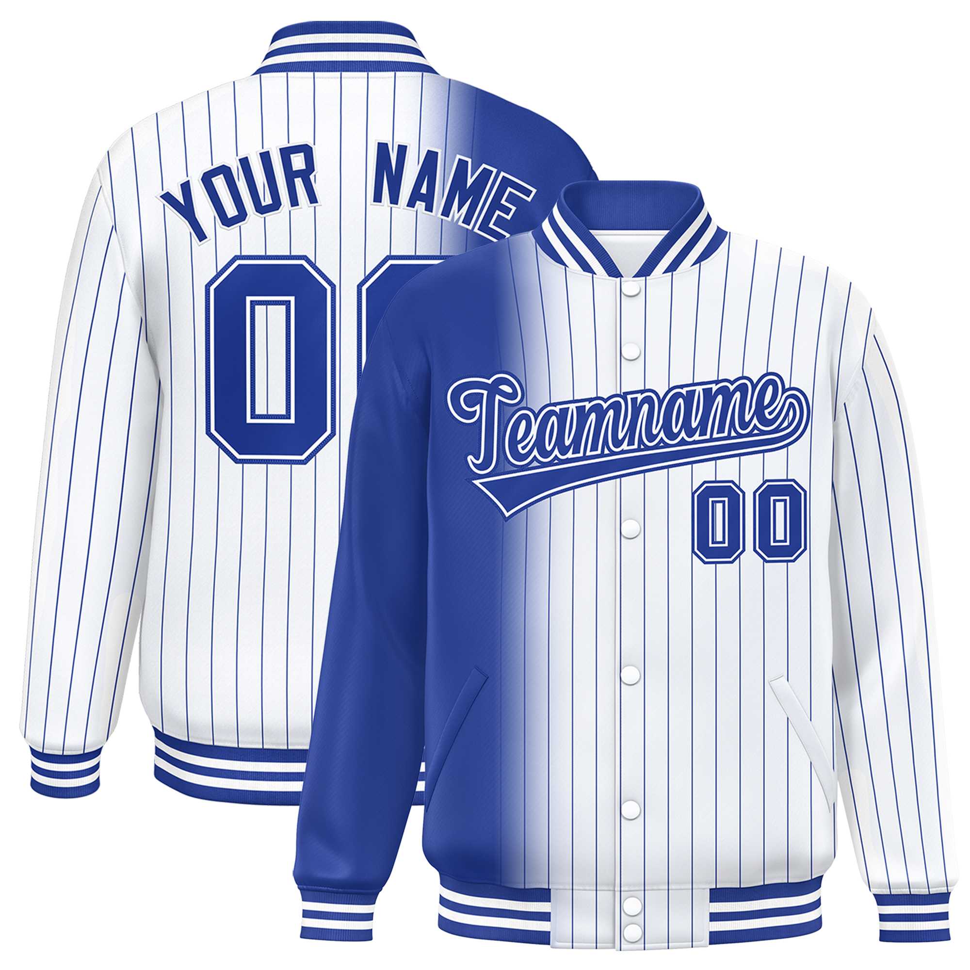 Custom White Royal Gradient Varsity Full-Snap Pinstripe Letterman Baseball Jacket