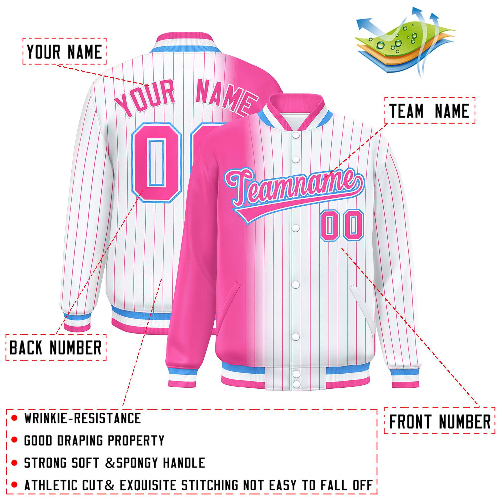 Custom White Pink Gradient Varsity Full-Snap Pinstripe Letterman Baseball Jacket