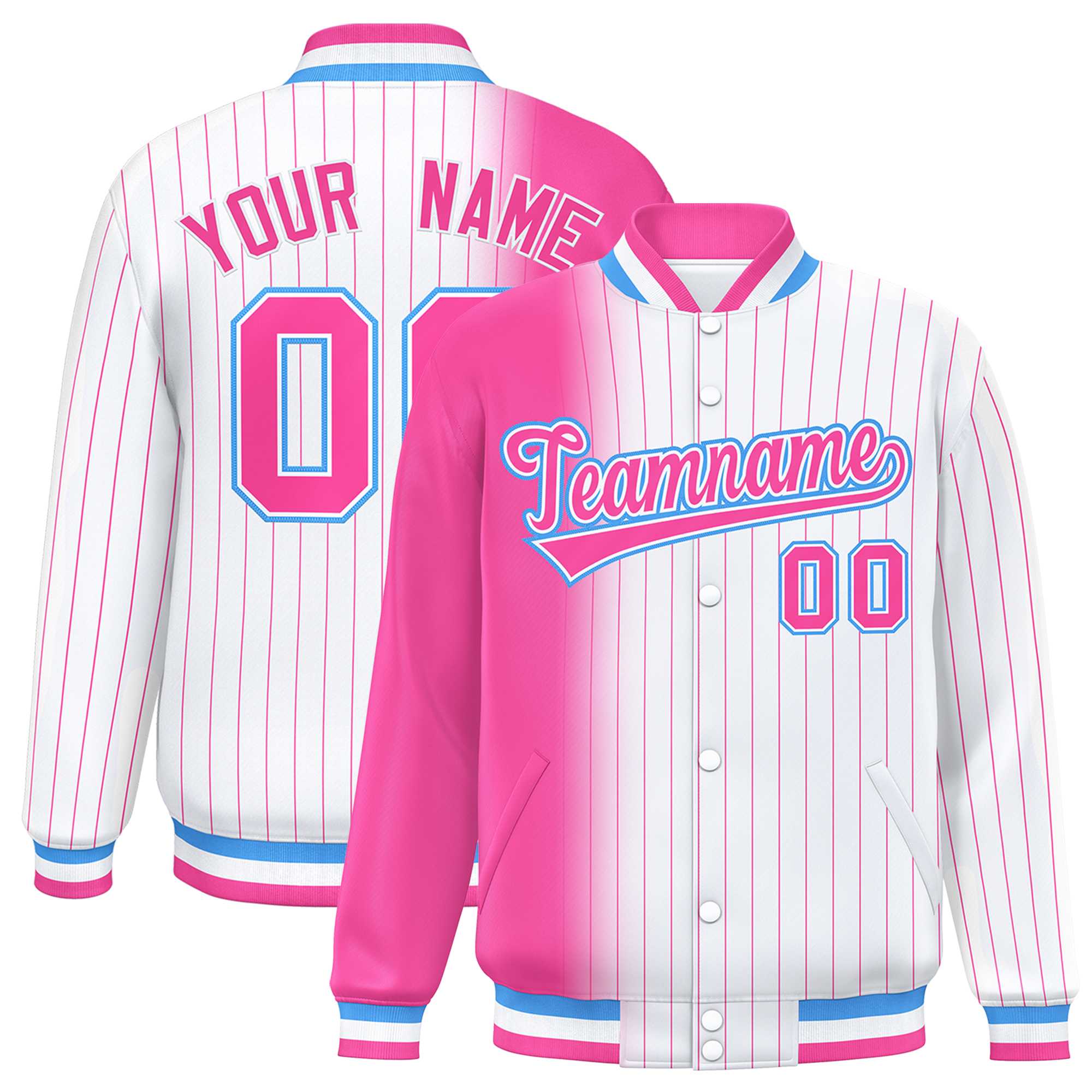 Custom White Pink Gradient Varsity Full-Snap Pinstripe Letterman Baseball Jacket