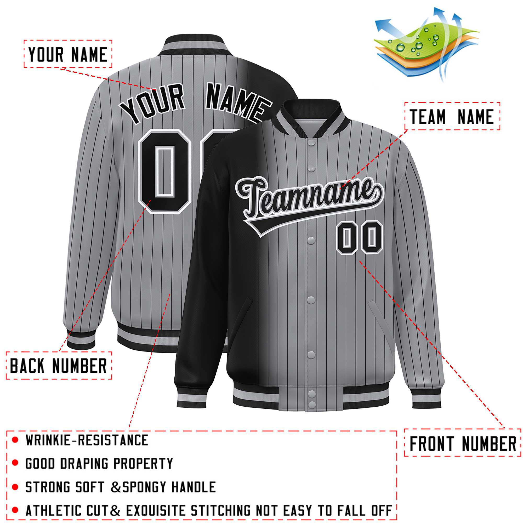 Custom Gray Black Gradient Varsity Full-Snap Pinstripe Letterman Baseball Jacket