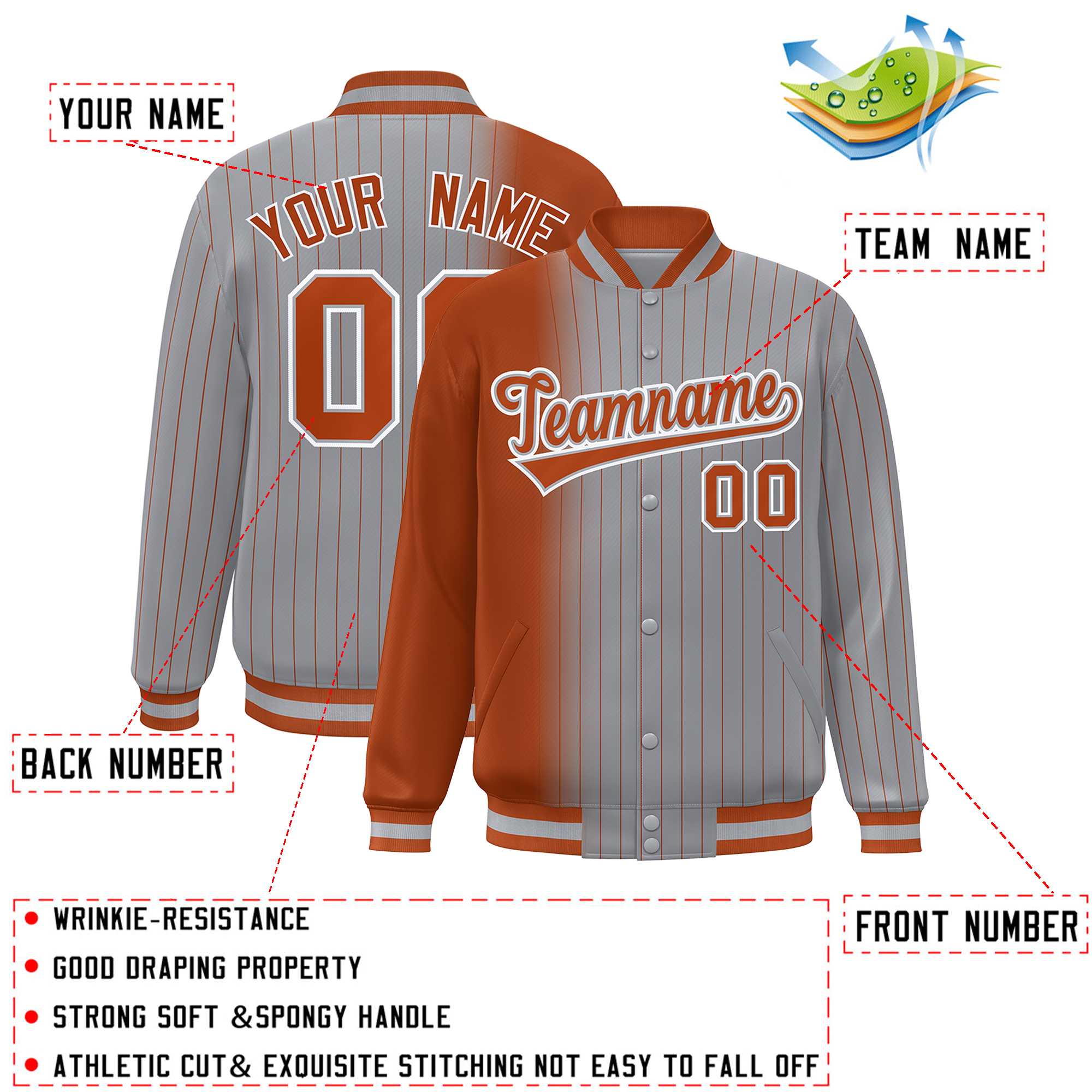 Custom Gray Texas Orange Gradient Varsity Full-Snap Pinstripe Letterman Baseball Jacket