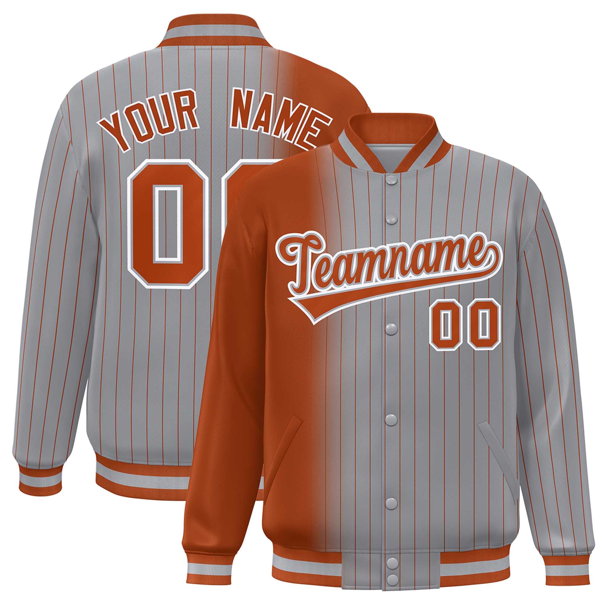 Custom Gray Texas Orange Gradient Varsity Full-Snap Pinstripe Letterman Baseball Jacket