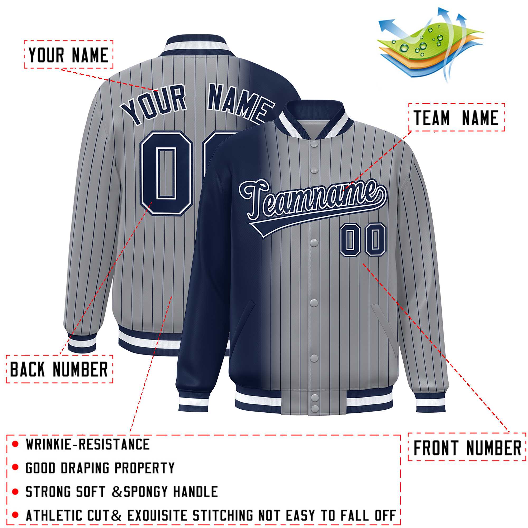 Custom Gray Navy Gradient Varsity Full-Snap Pinstripe Letterman Baseball Jacket