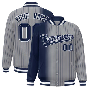 Custom Gray Navy Gradient Varsity Full-Snap Pinstripe Letterman Baseball Jacket