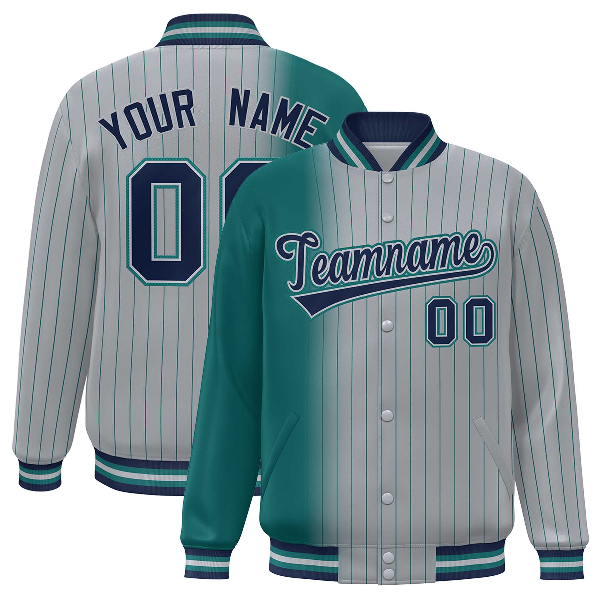 Custom Gray Aqua Gradient Varsity Full-Snap Pinstripe Letterman Baseball Jacket