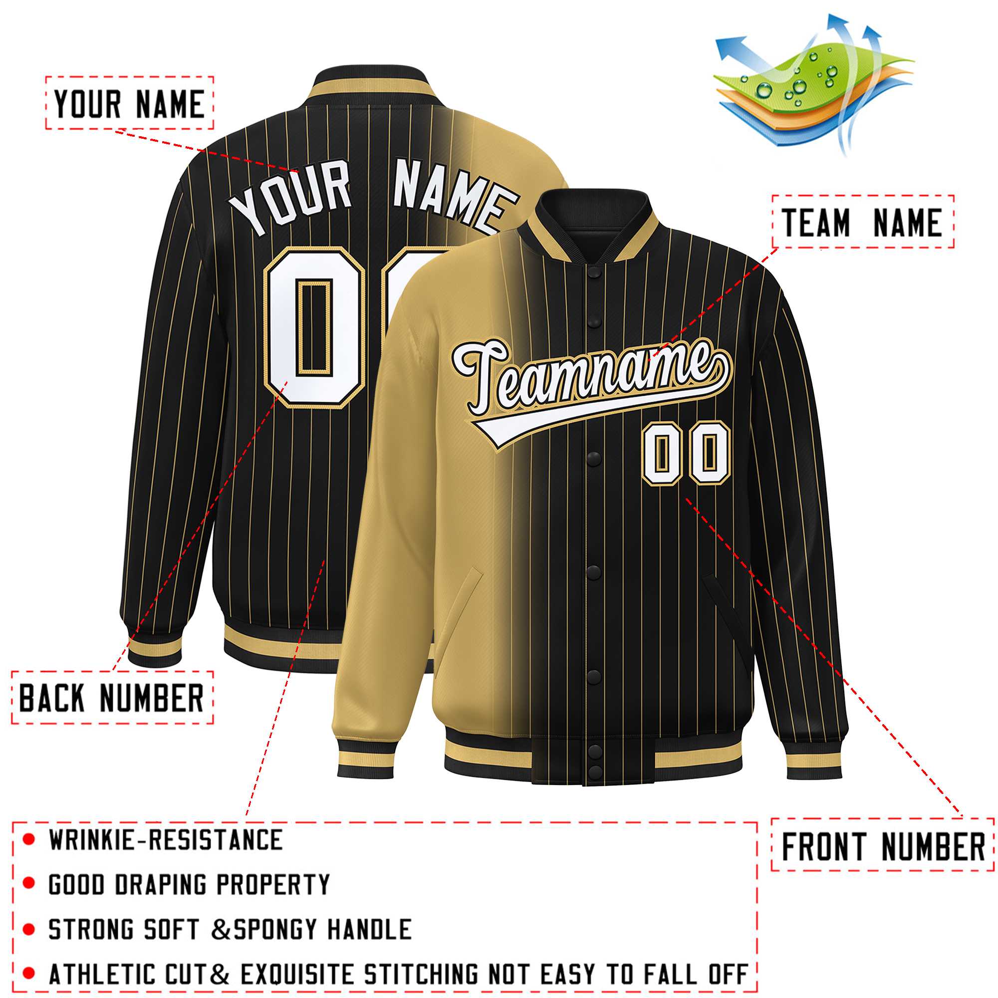 Custom Black Old Gold Gradient Varsity Full-Snap Pinstripe Letterman Baseball Jacket