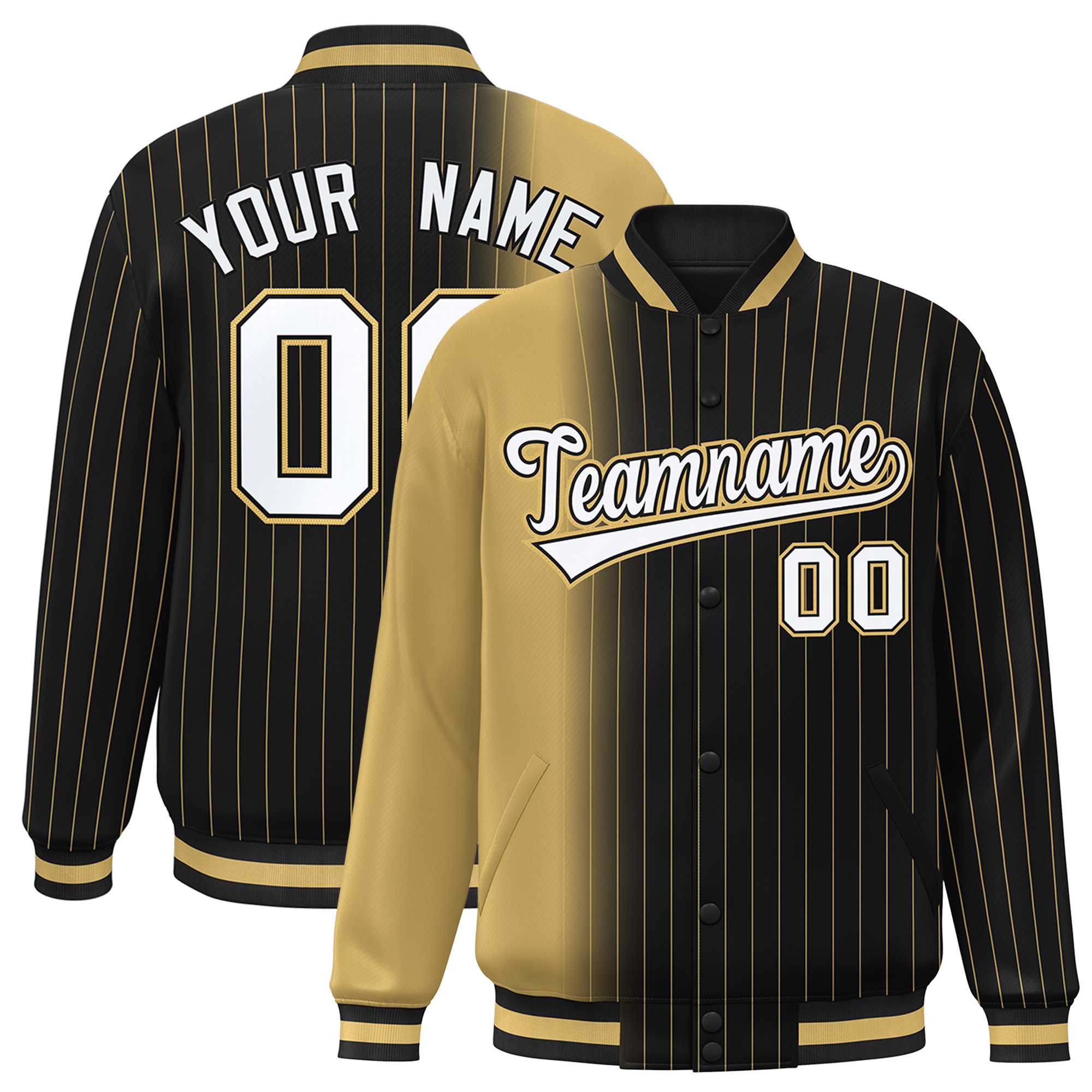 Custom Black Old Gold Gradient Varsity Full-Snap Pinstripe Letterman Baseball Jacket