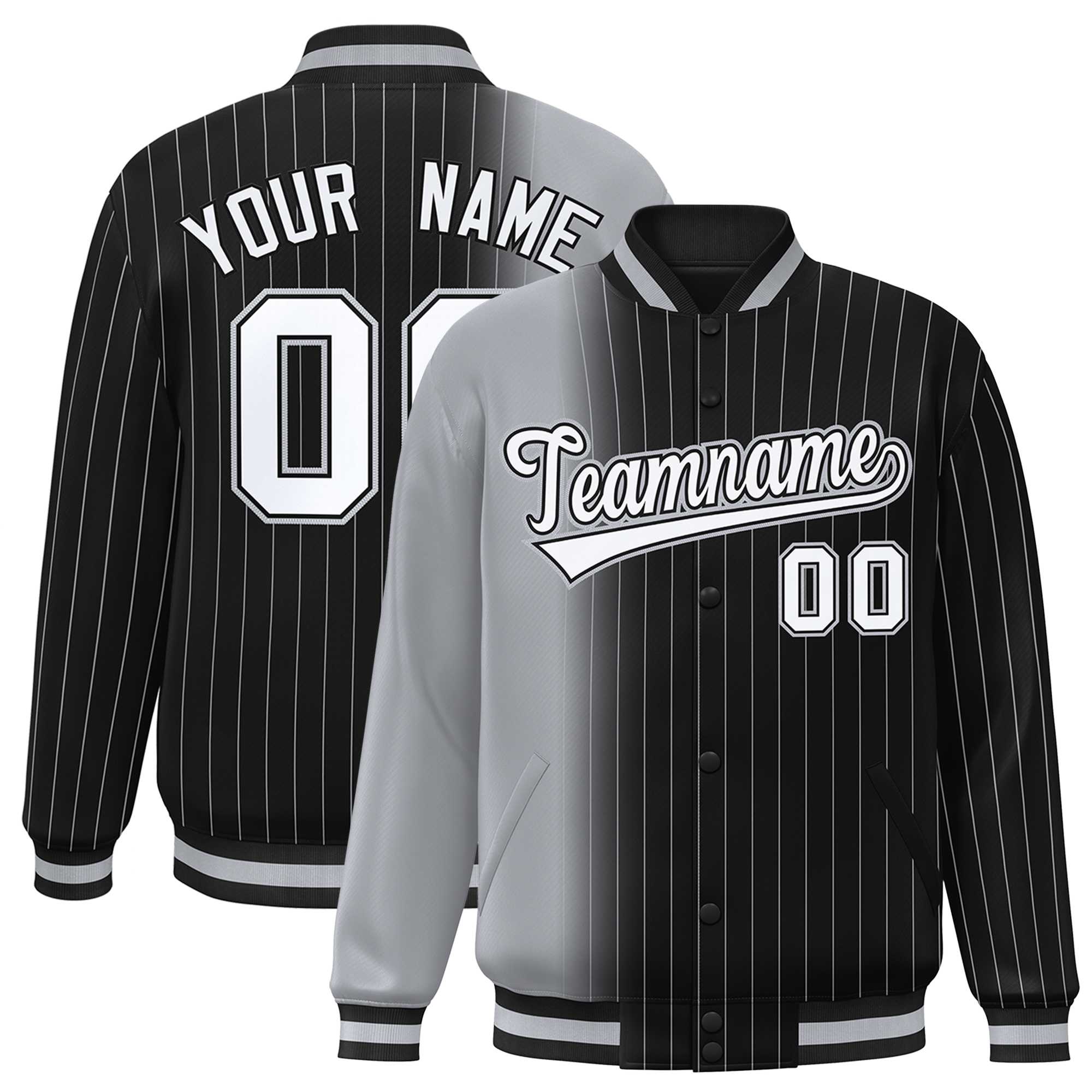 Custom Black Gray Gradient Varsity Full-Snap Pinstripe Letterman Baseball Jacket