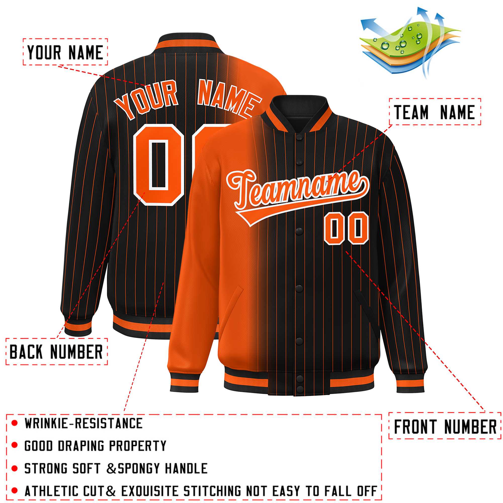 Custom Black Orange Gradient Varsity Full-Snap Pinstripe Letterman Baseball Jacket