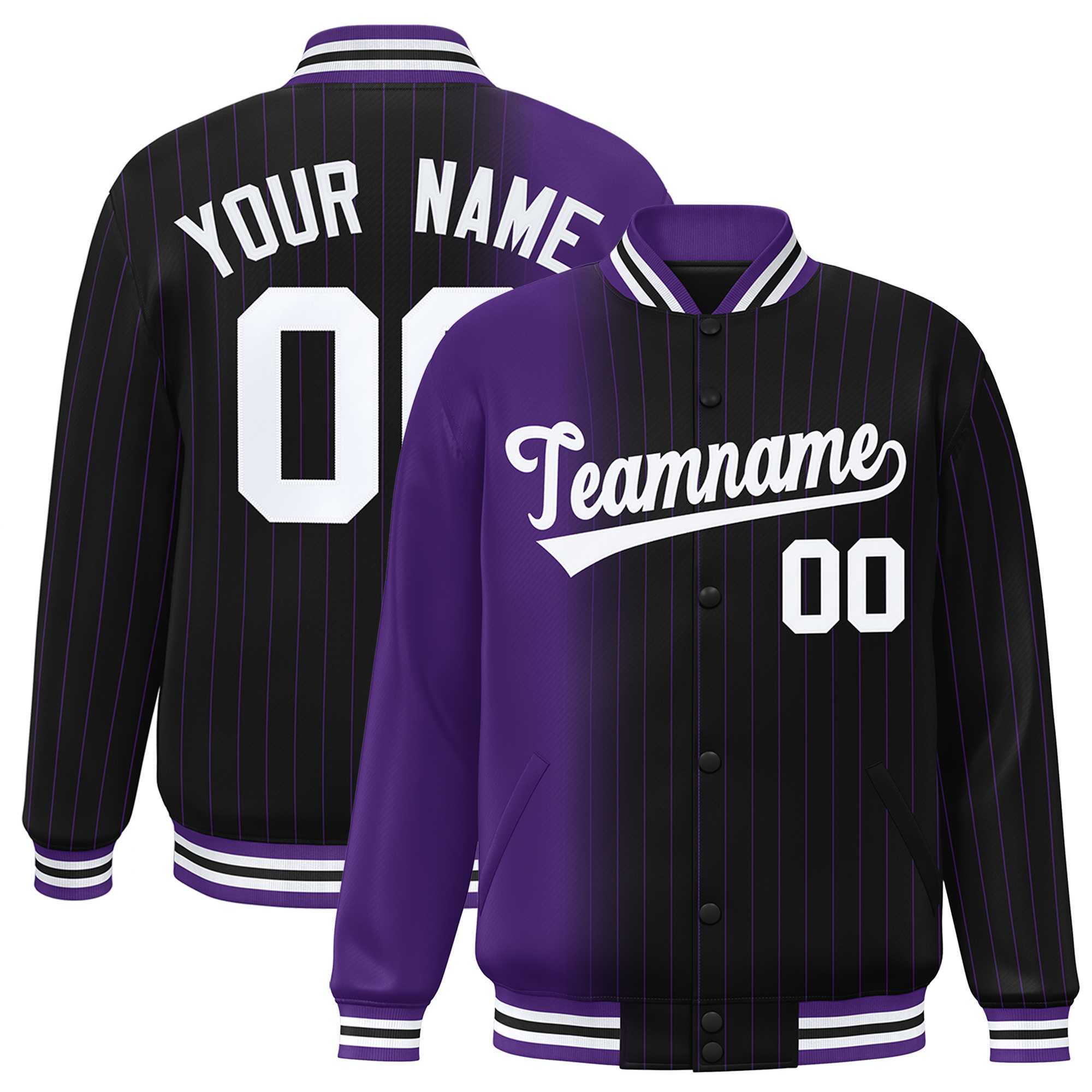 Custom Black Purple Gradient Varsity Full-Snap Pinstripe Letterman Baseball Jacket