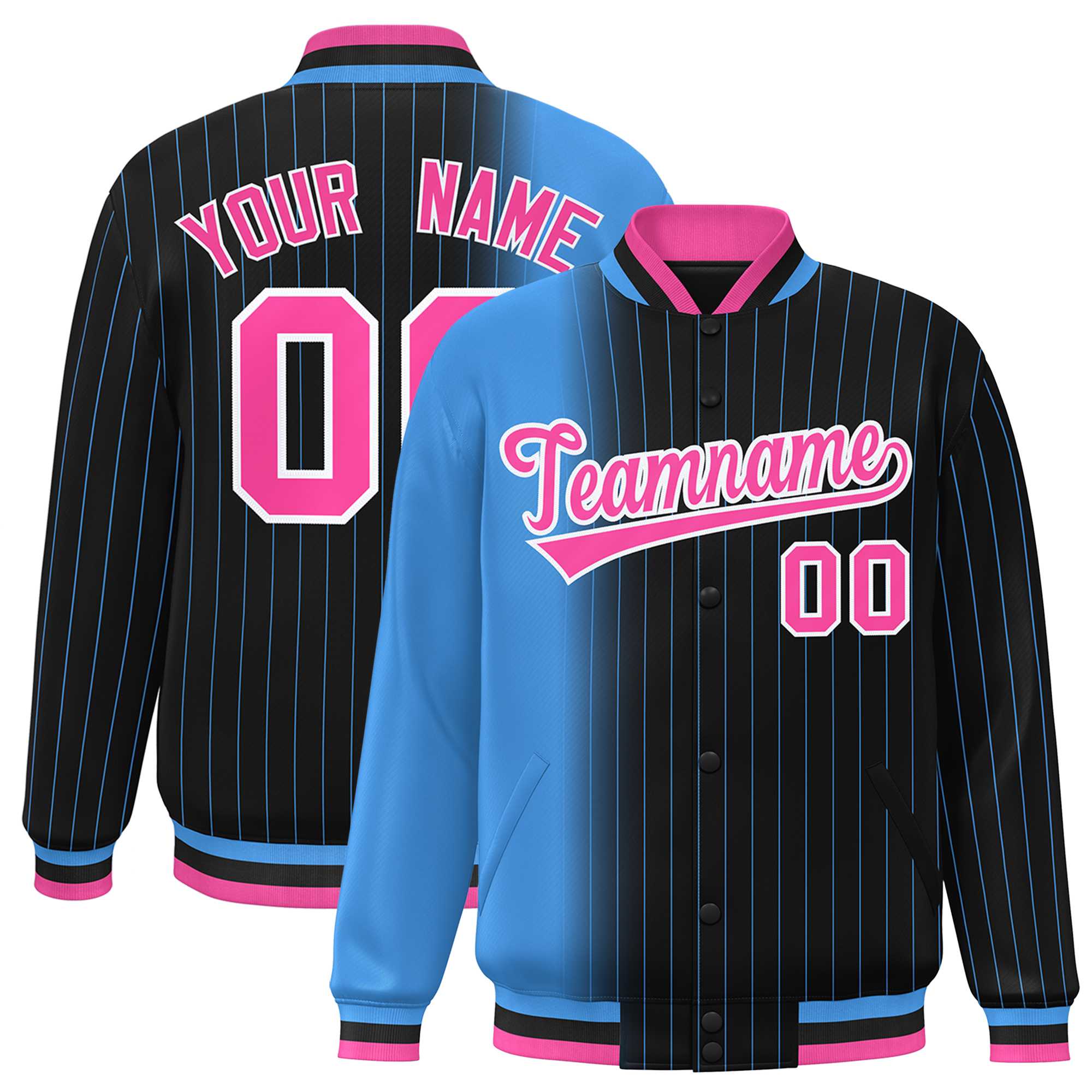 Custom Black Powder Blue Gradient Varsity Full-Snap Pinstripe Letterman Baseball Jacket