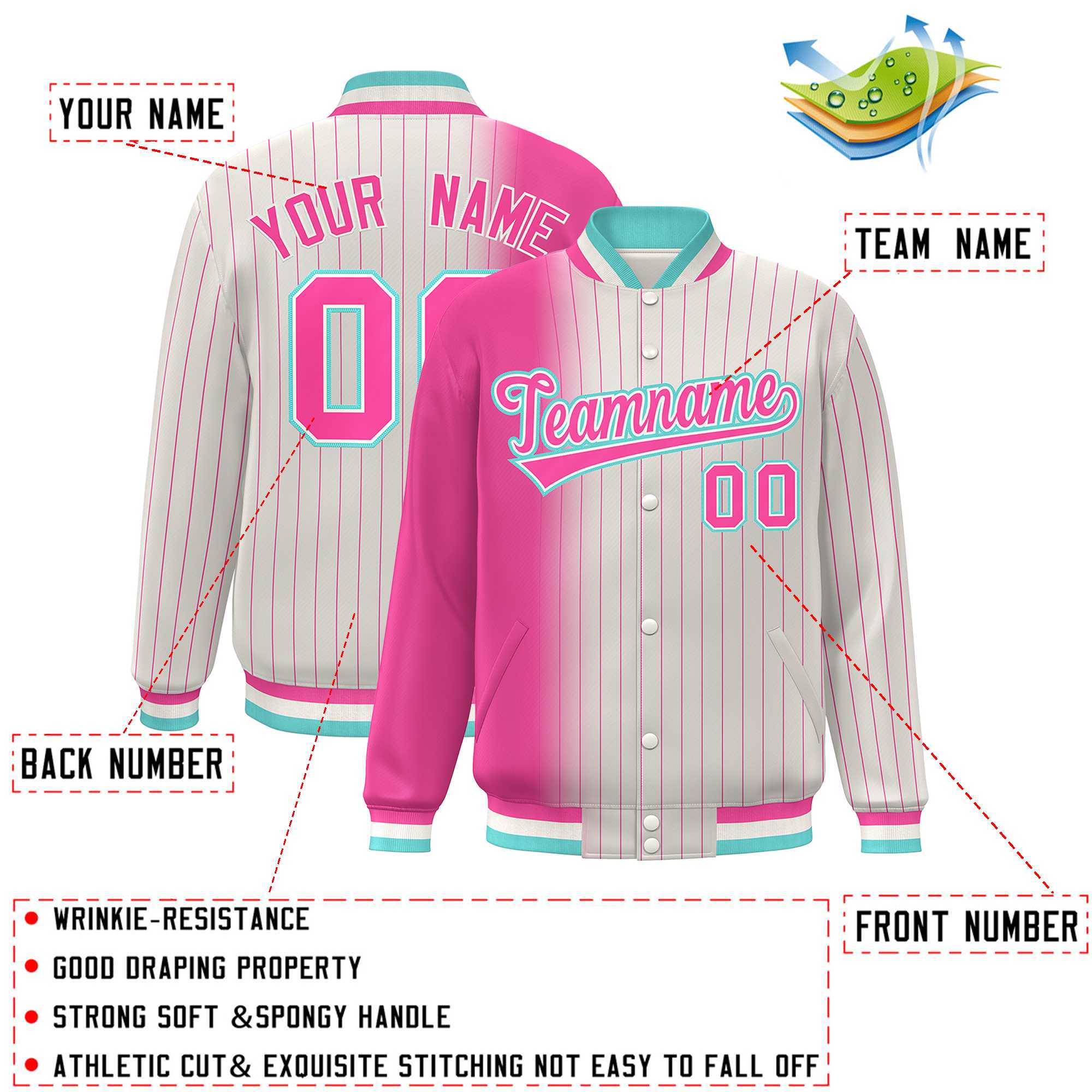 Custom Cream Pink Gradient Varsity Full-Snap Pinstripe Letterman Baseball Jacket