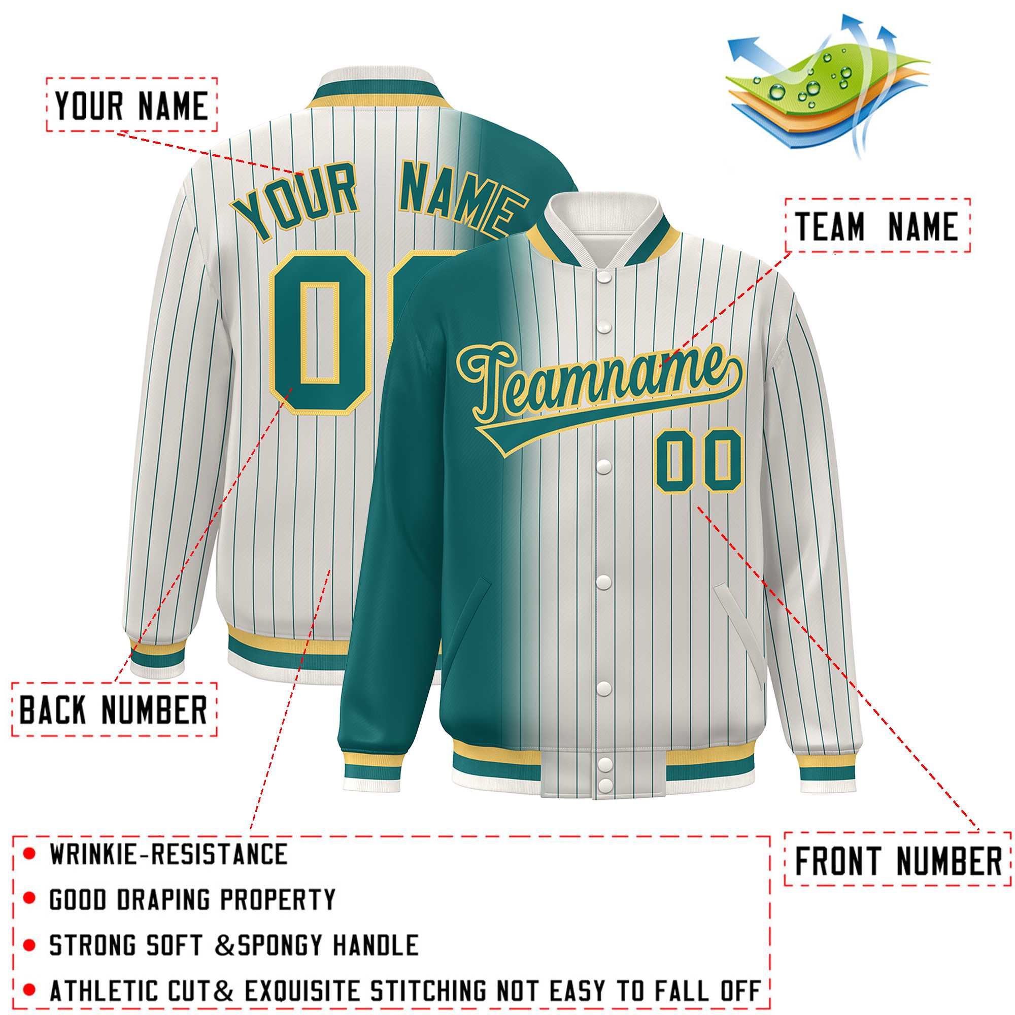 Custom Cream Aqua Gradient Varsity Full-Snap Pinstripe Letterman Baseball Jacket