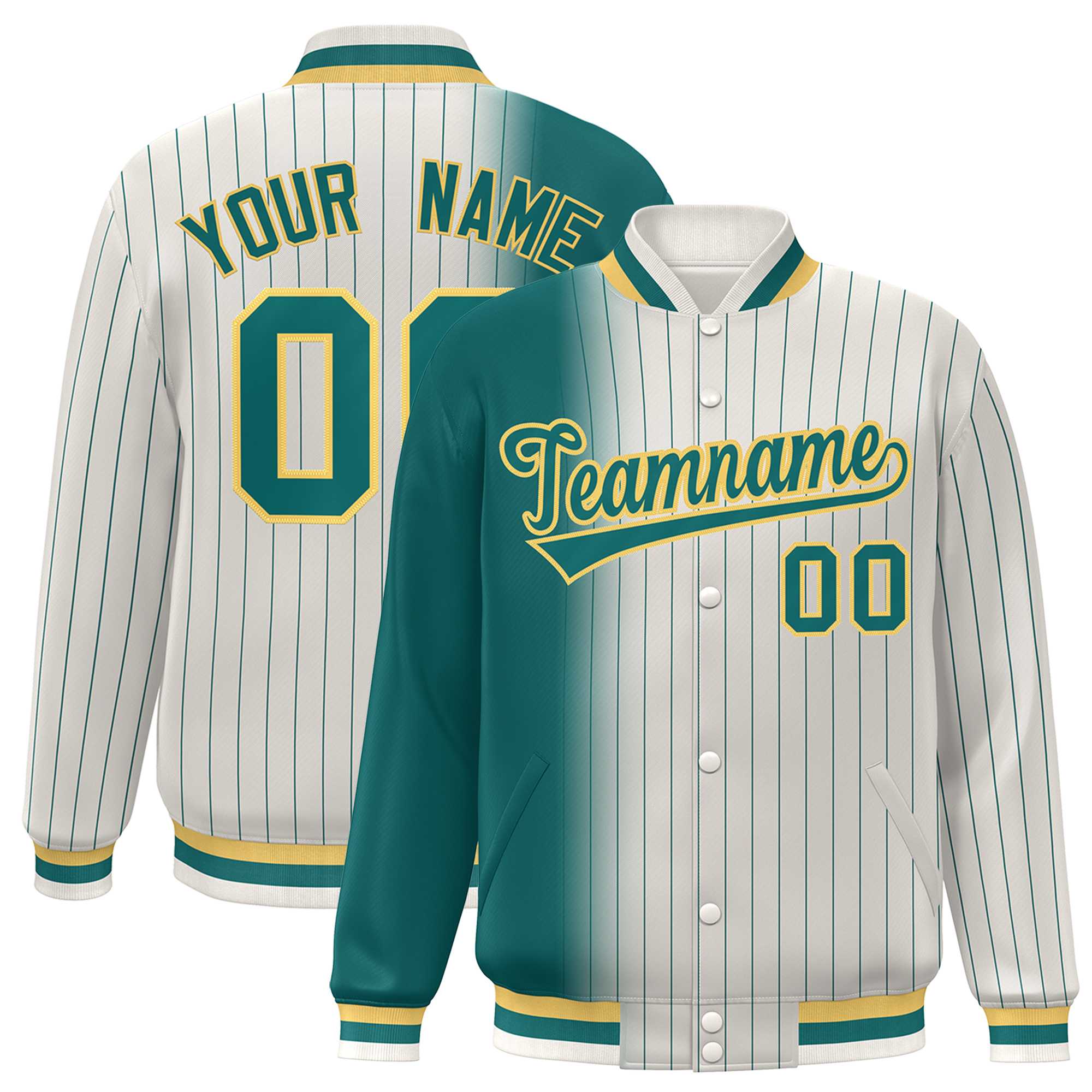 Custom Cream Aqua Gradient Varsity Full-Snap Pinstripe Letterman Baseball Jacket