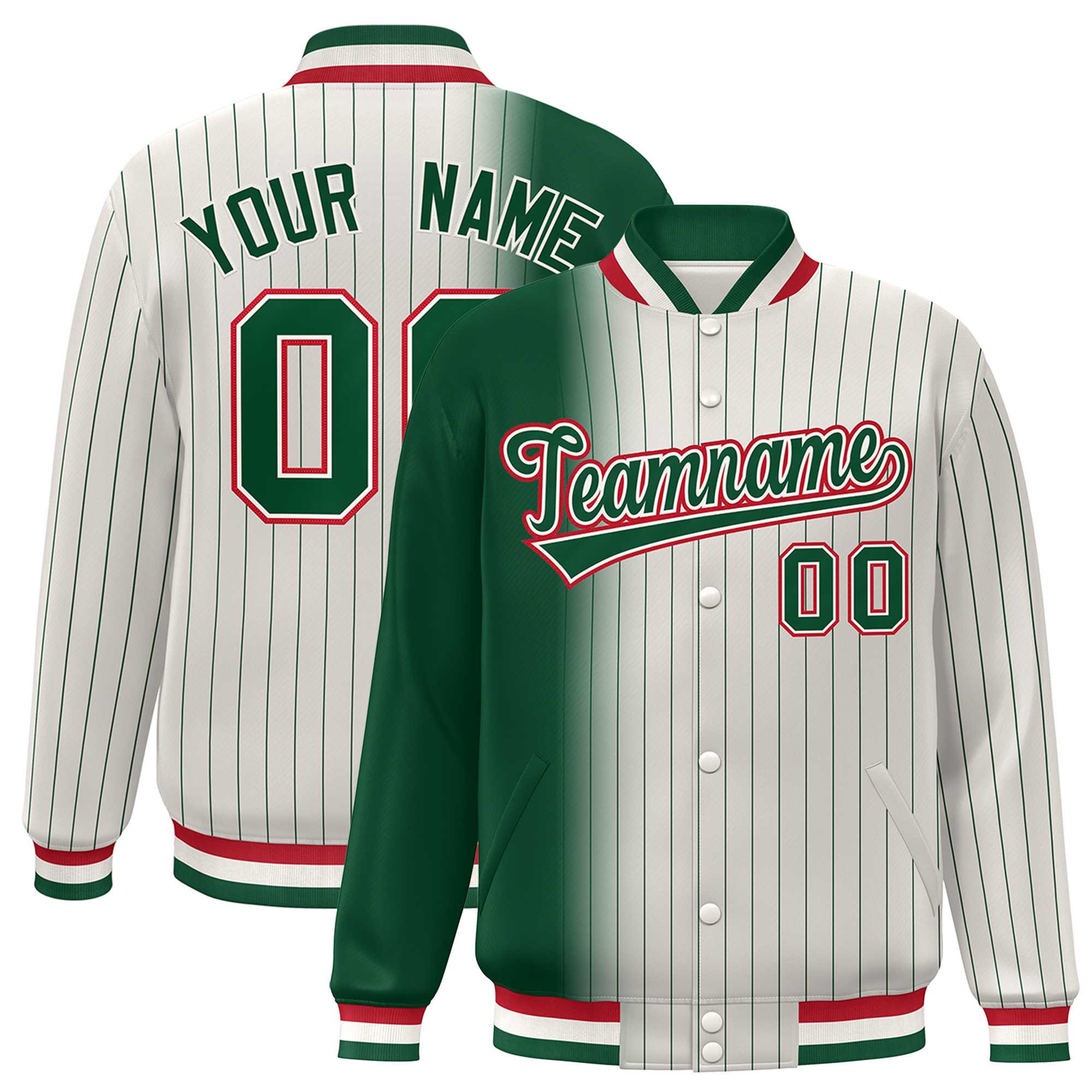 Custom Cream Green Gradient Varsity Full-Snap Pinstripe Letterman Baseball Jacket