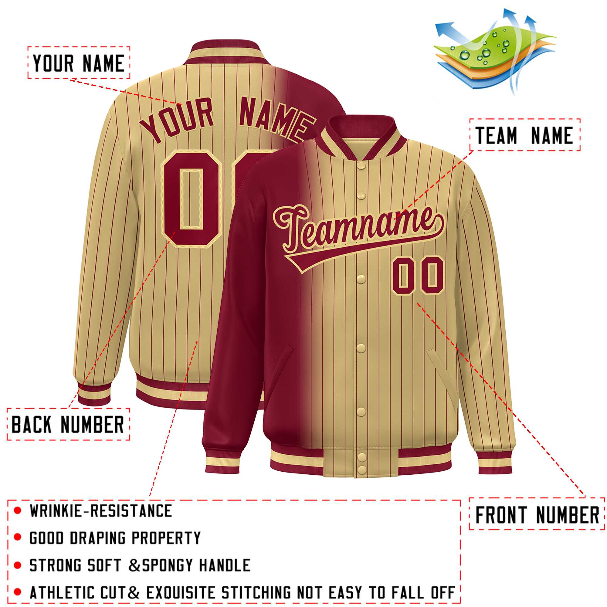 Custom Khaki Crimson Gradient Varsity Full-Snap Pinstripe Letterman Baseball Jacket