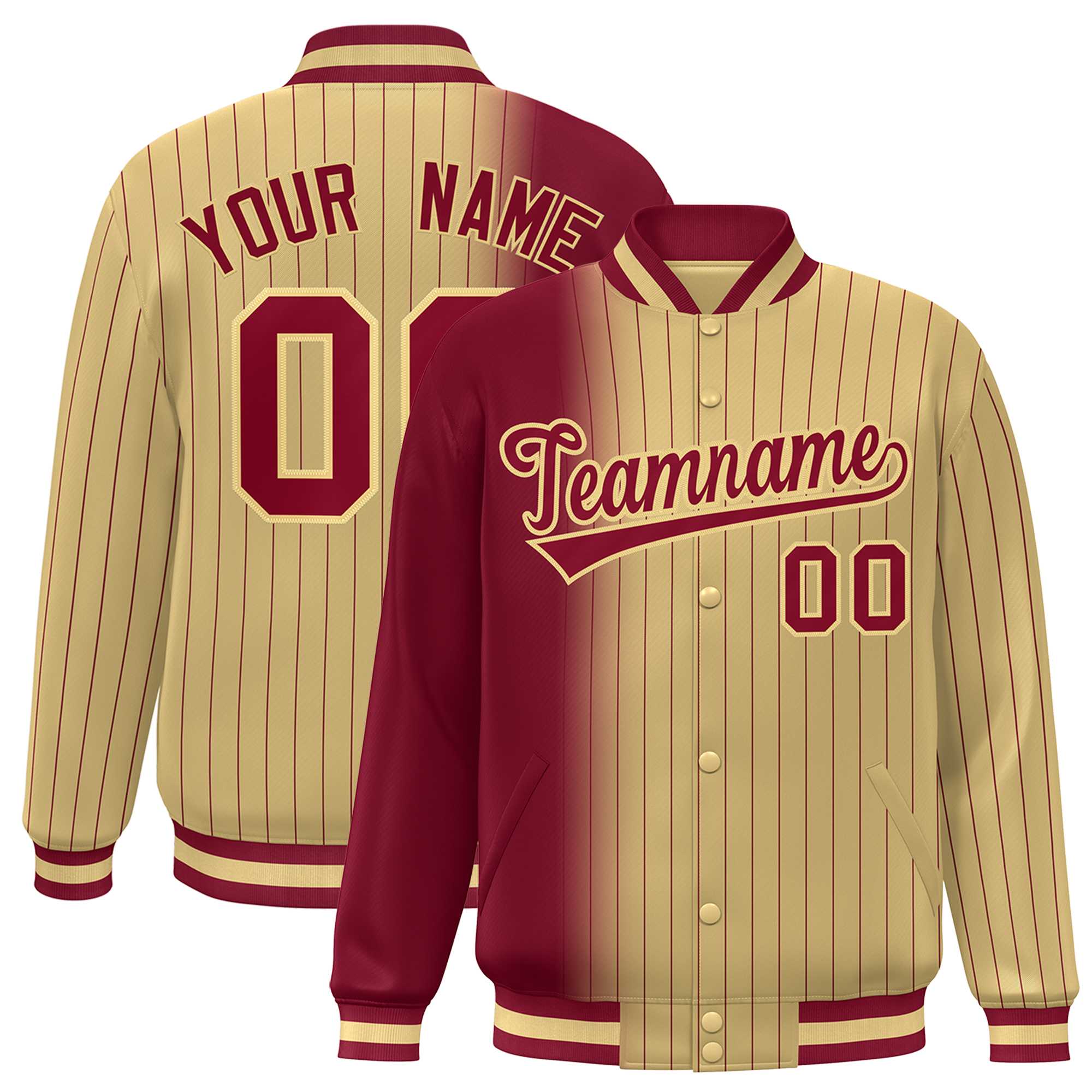 Custom Khaki Crimson Gradient Varsity Full-Snap Pinstripe Letterman Baseball Jacket