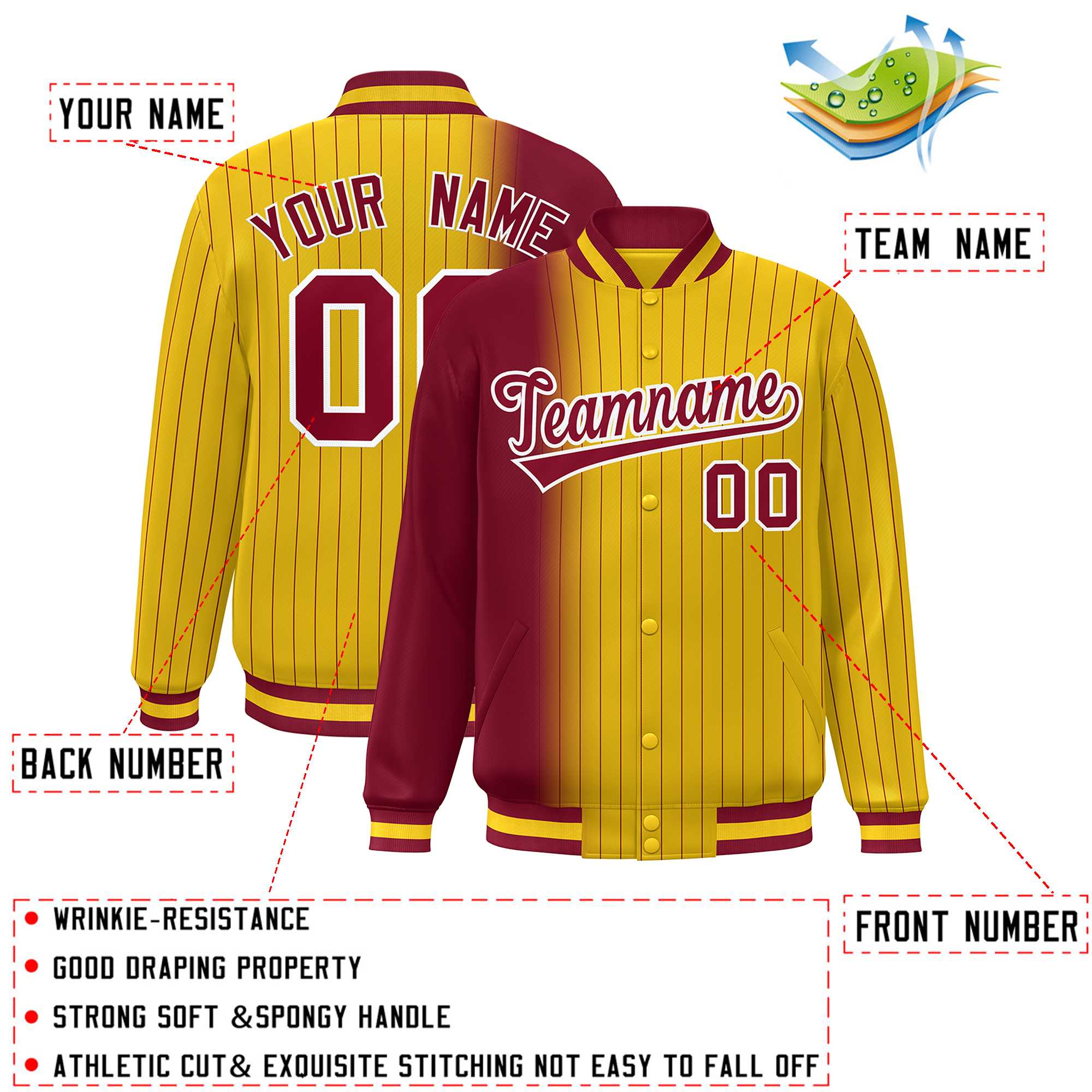 Custom Gold Crimson Gradient Varsity Full-Snap Pinstripe Letterman Baseball Jacket