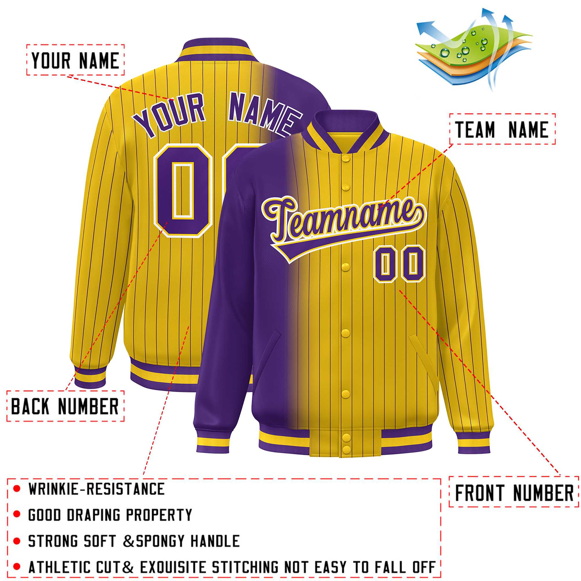 Custom Gold Purple Gradient Varsity Full-Snap Pinstripe Letterman Baseball Jacket