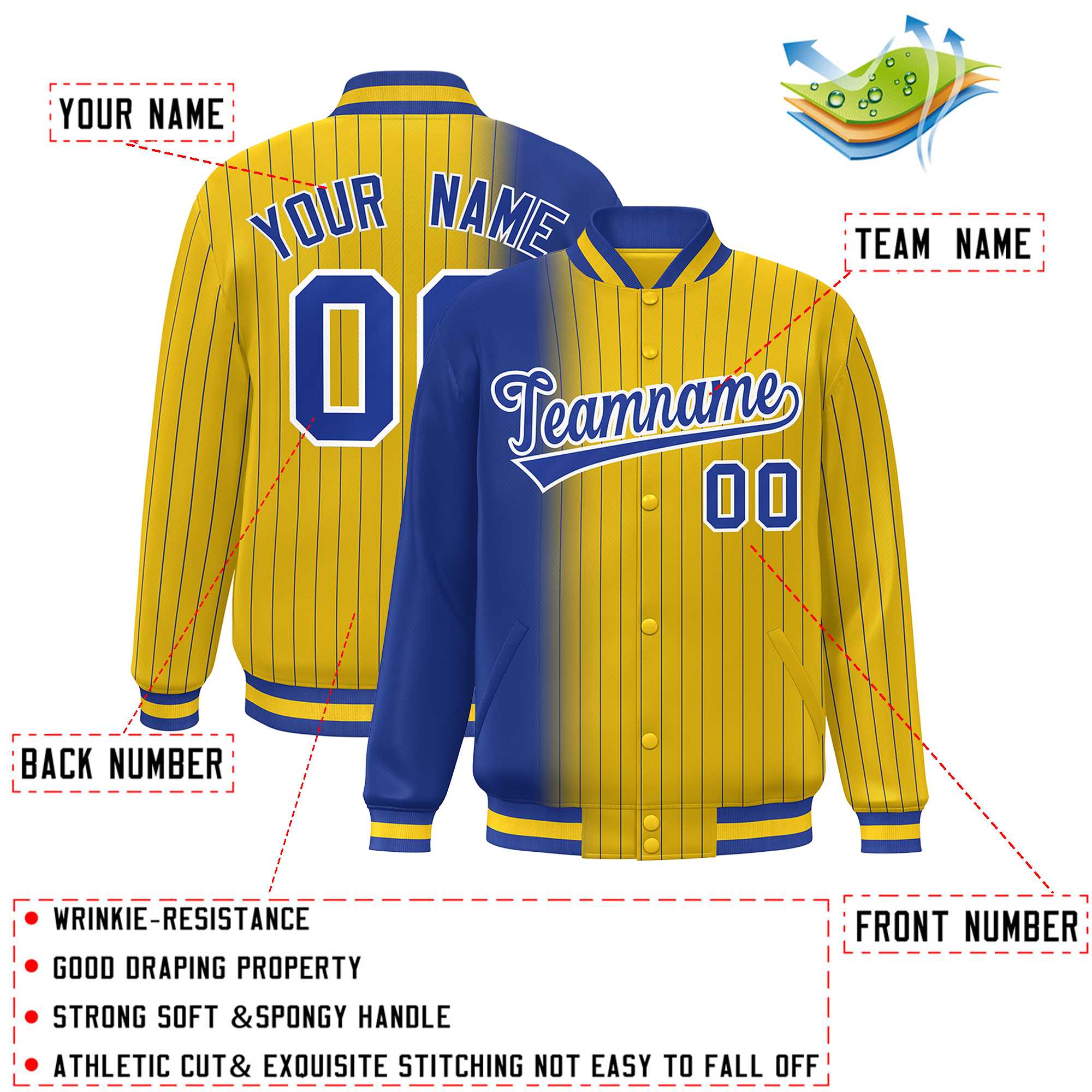 Custom Gold Royal Gradient Varsity Full-Snap Pinstripe Letterman Baseball Jacket