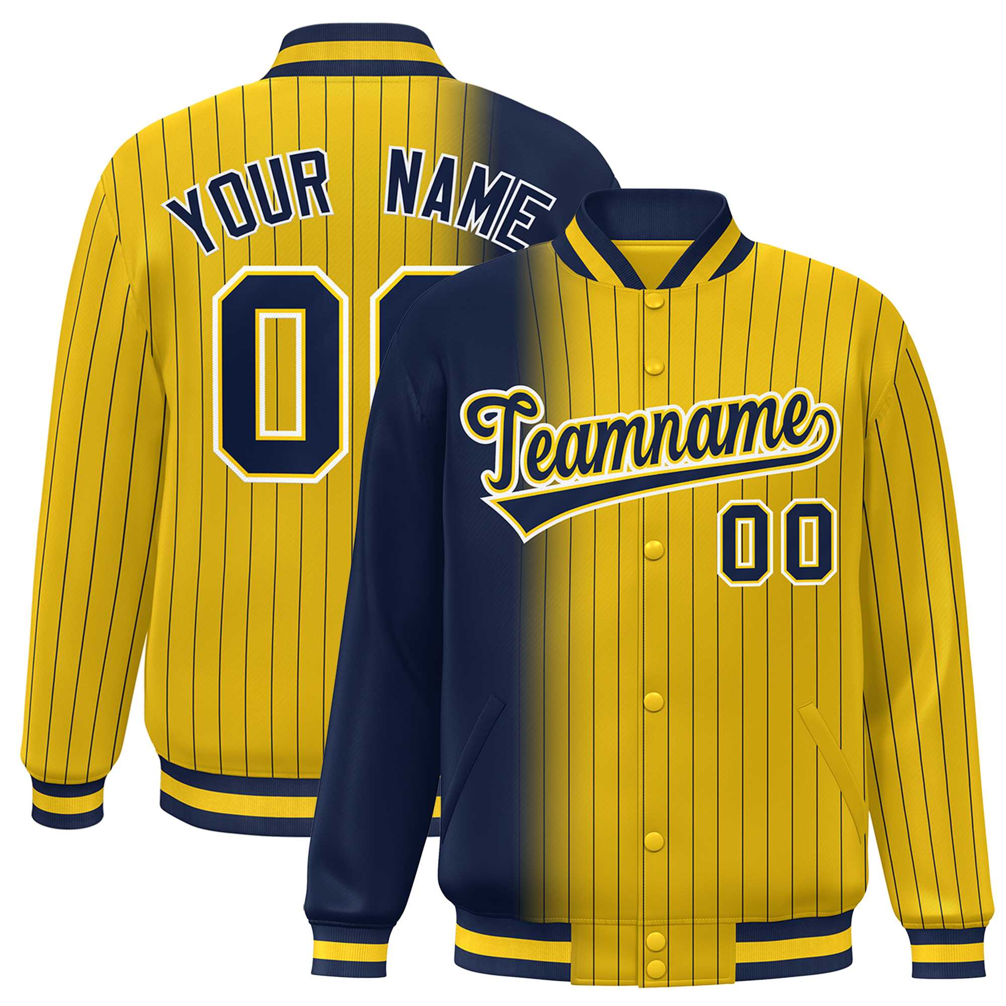 Custom Gold Navy Gradient Varsity Full-Snap Pinstripe Letterman Baseball Jacket