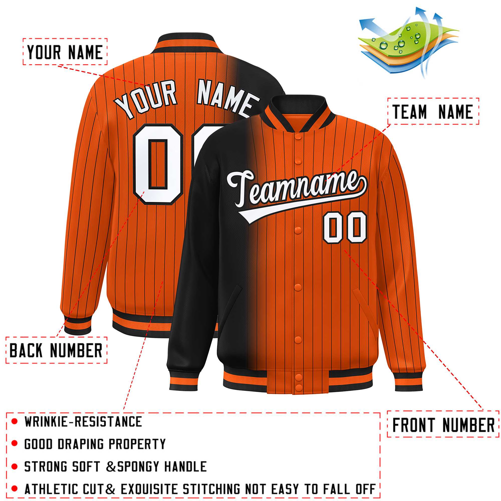 Custom Orange Black Gradient Varsity Full-Snap Pinstripe Letterman Baseball Jacket