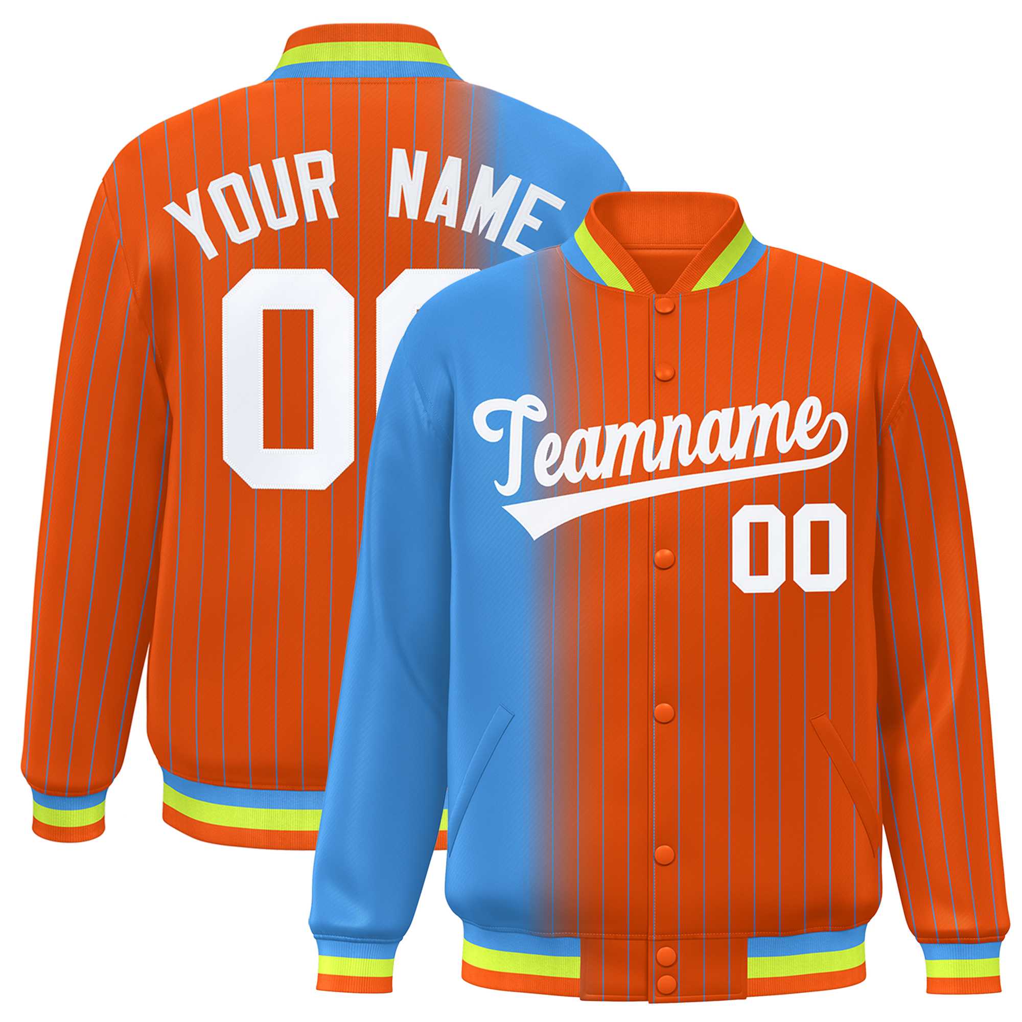 Custom Orange Powder Blue Gradient Varsity Full-Snap Pinstripe Letterman Baseball Jacket