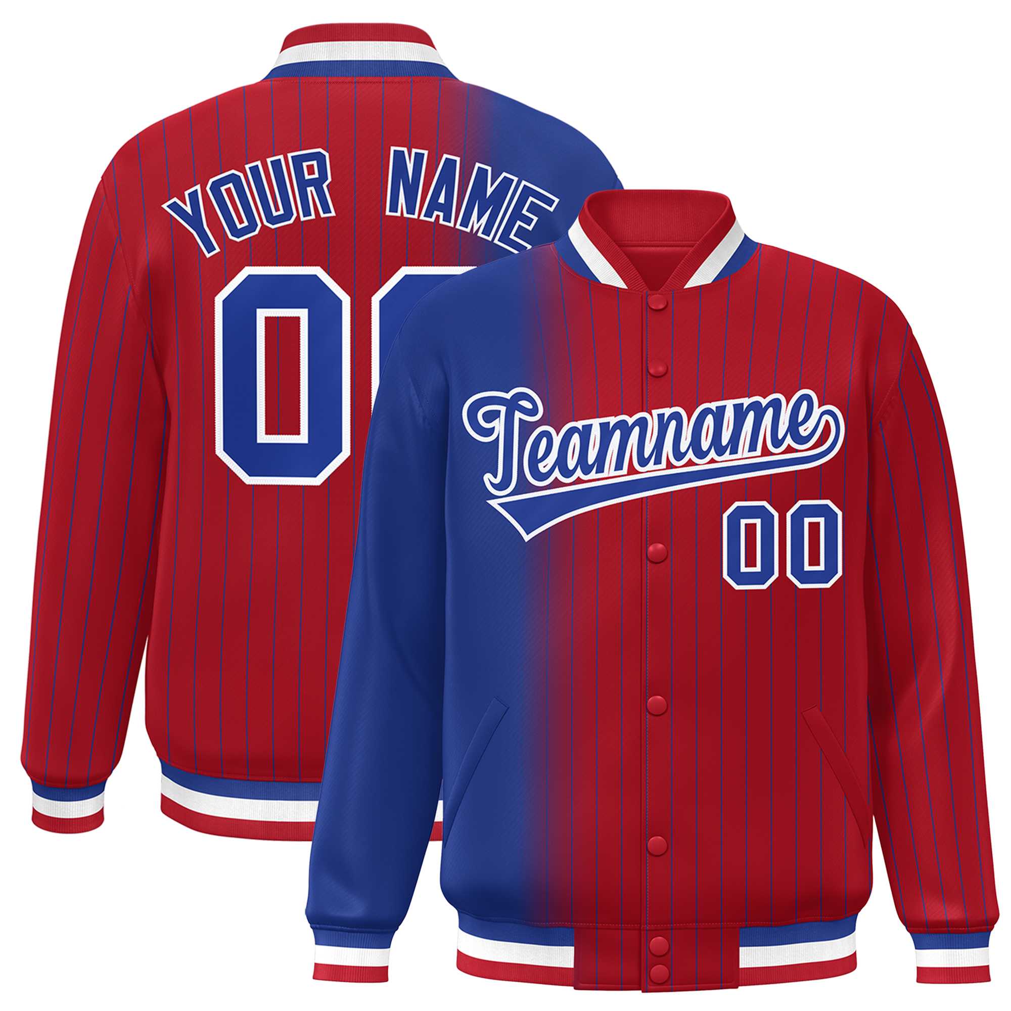 Custom Red Royal Gradient Varsity Full-Snap Pinstripe Letterman Baseball Jacket