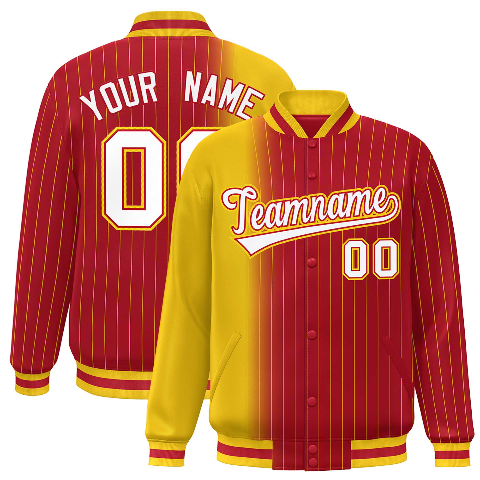 Custom Red Gold Gradient Varsity Full-Snap Pinstripe Letterman Baseball Jacket