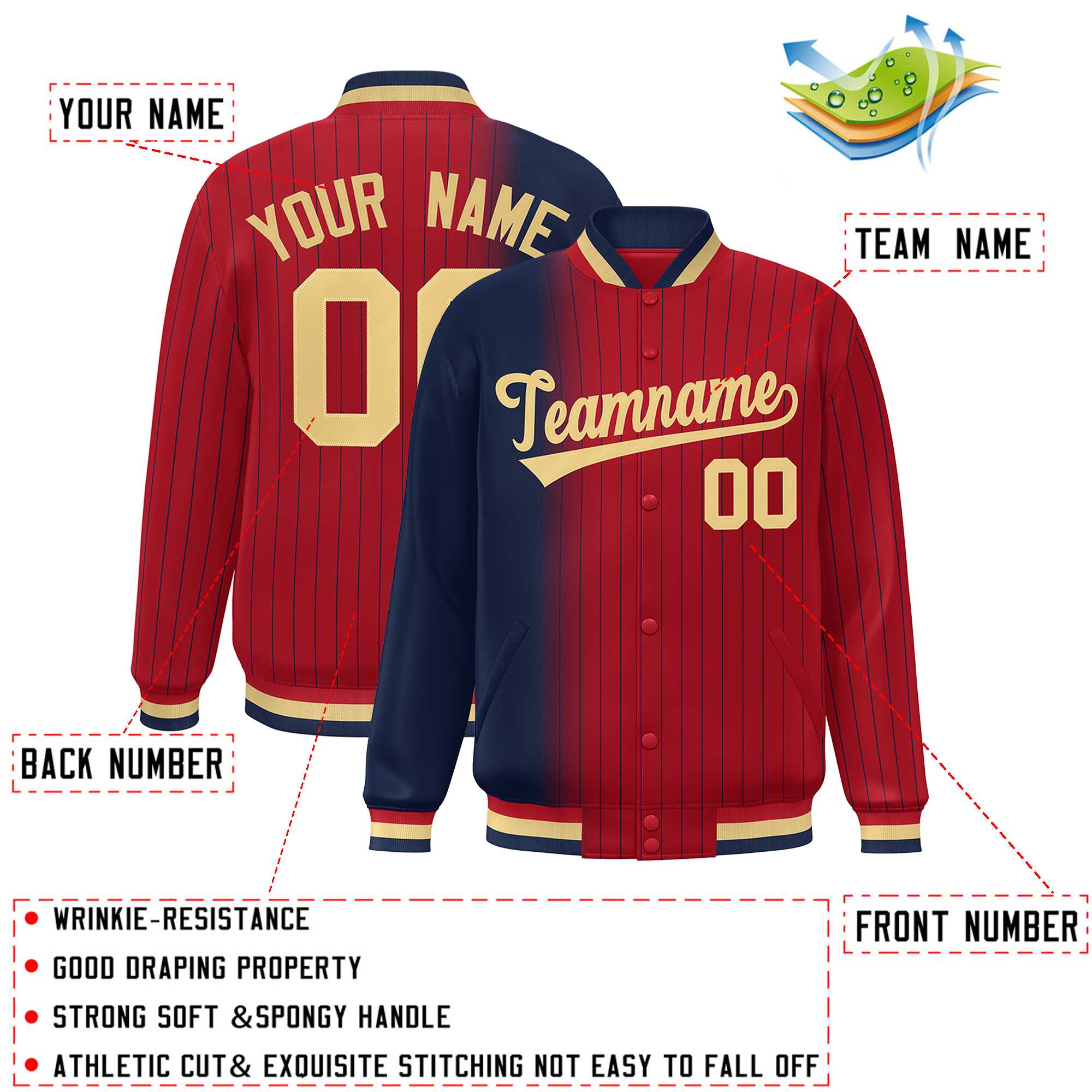 Custom Red Navy Gradient Varsity Full-Snap Pinstripe Letterman Baseball Jacket