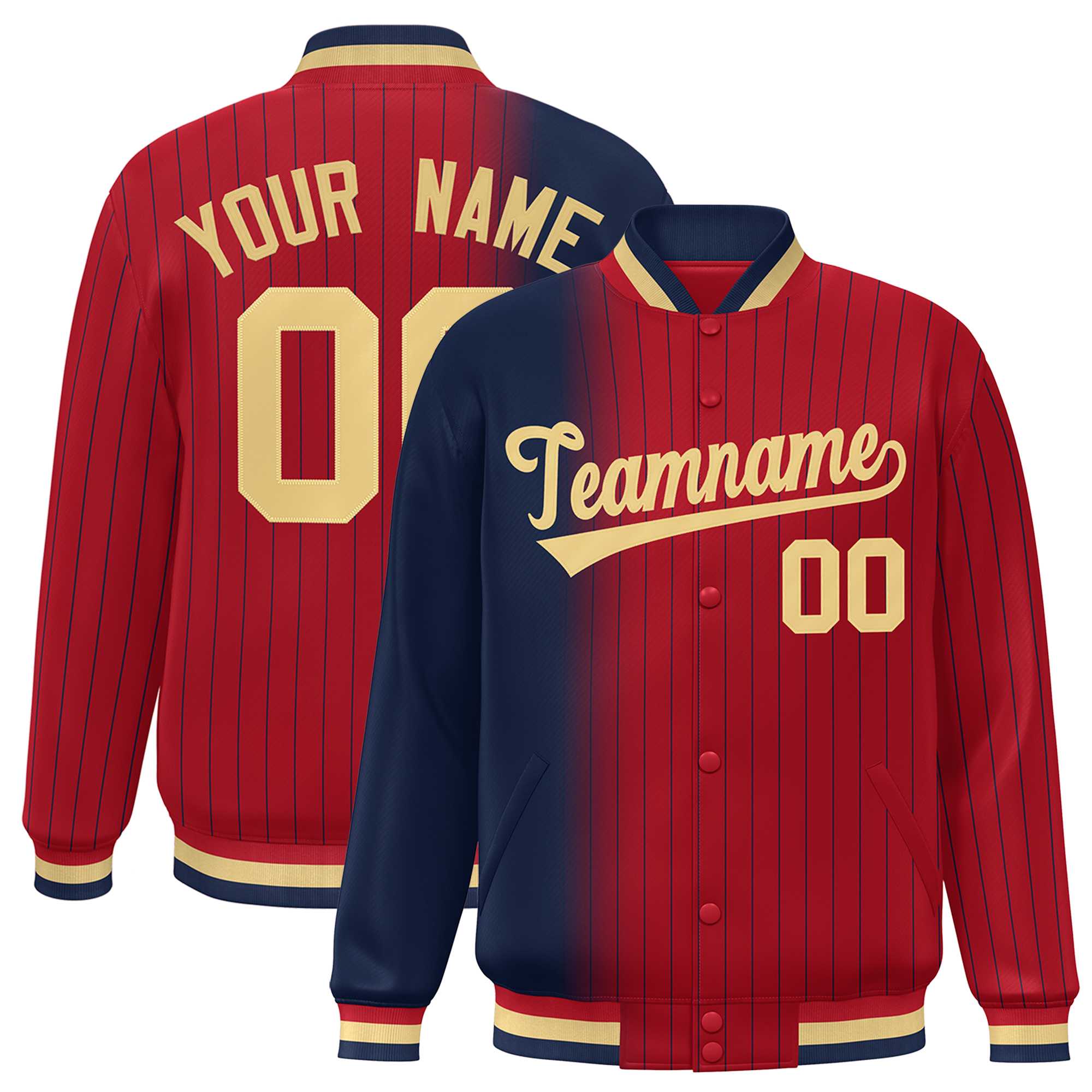 Custom Red Navy Gradient Varsity Full-Snap Pinstripe Letterman Baseball Jacket