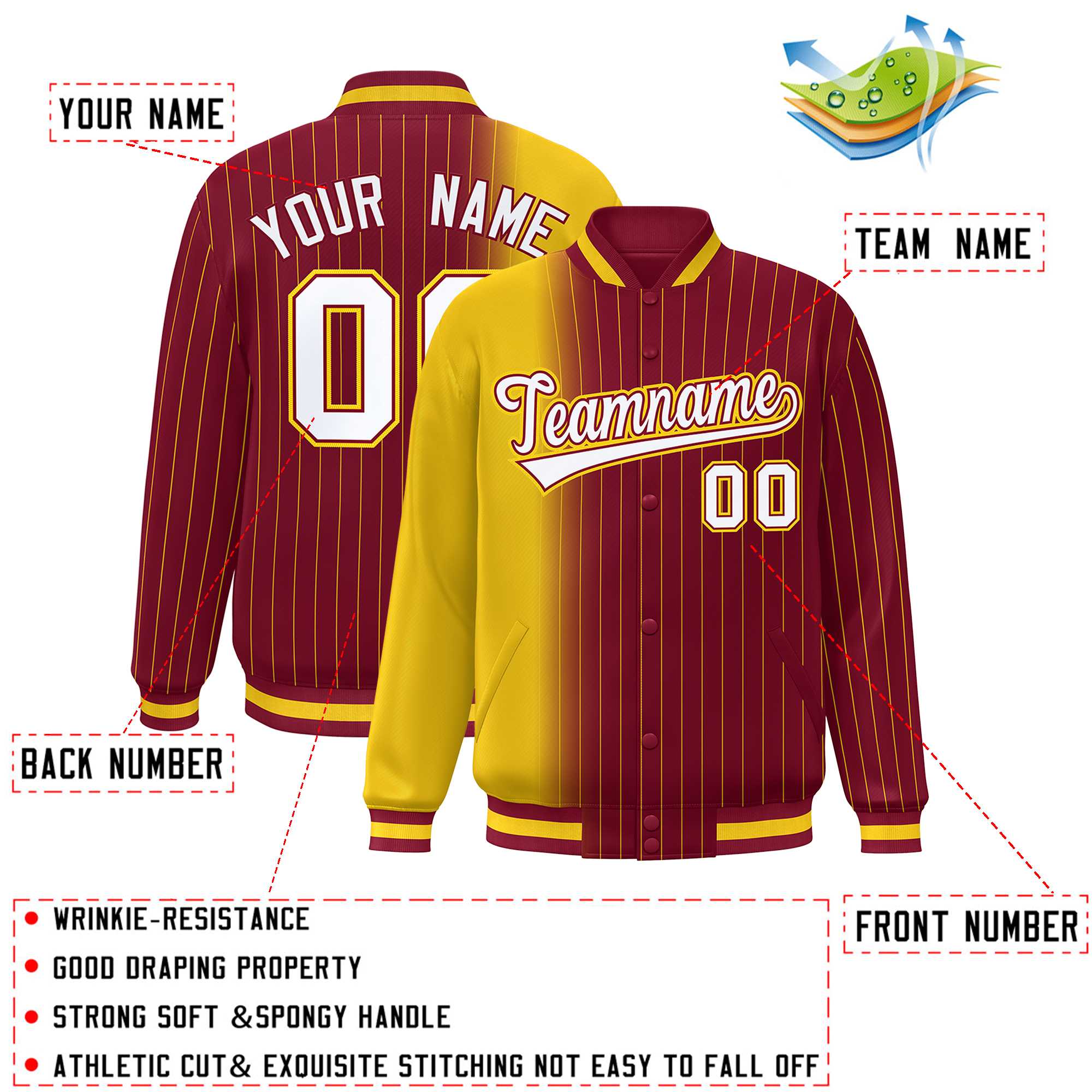 Custom Crimson Gold Gradient Varsity Full-Snap Pinstripe Letterman Baseball Jacket