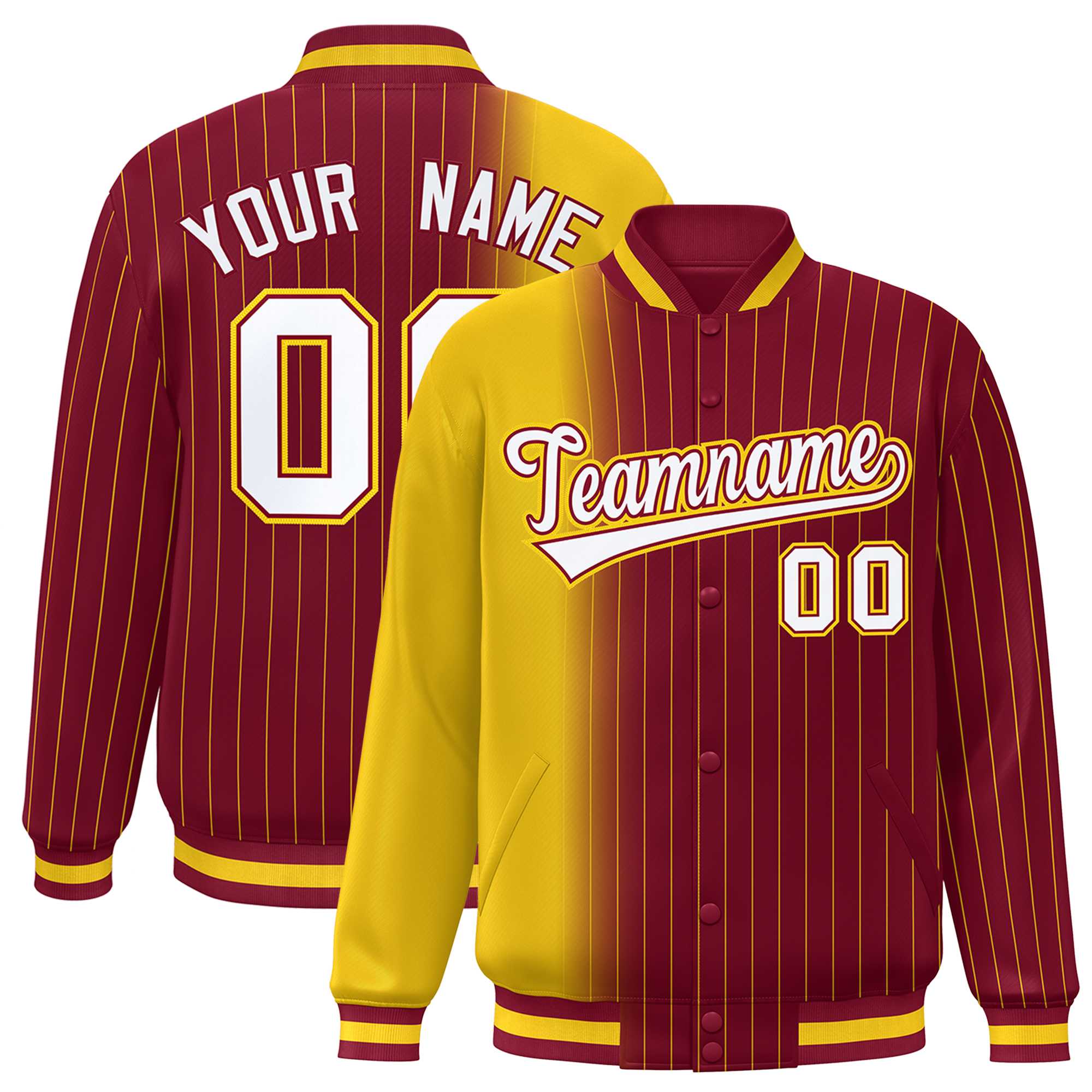 Custom Crimson Gold Gradient Varsity Full-Snap Pinstripe Letterman Baseball Jacket