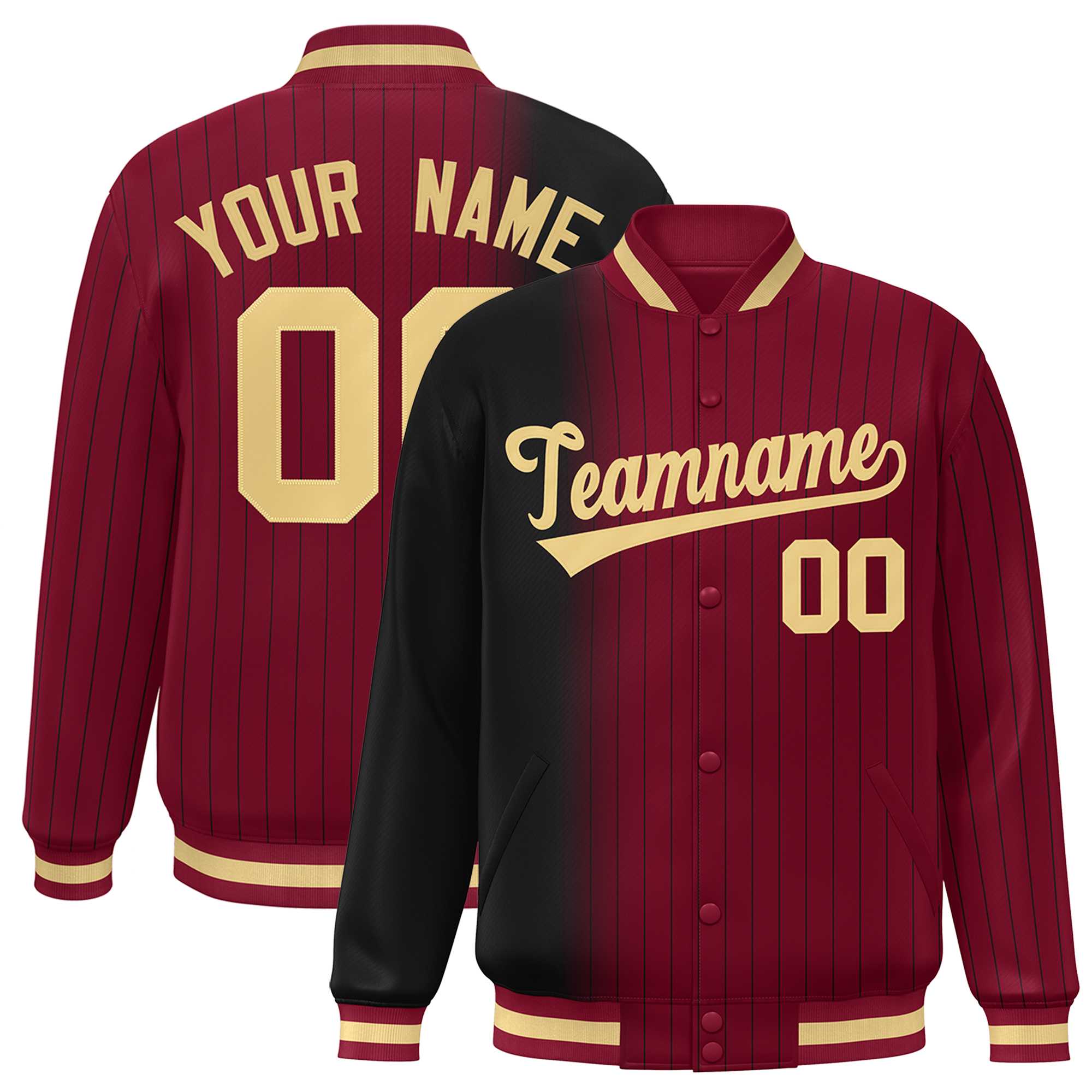 Custom Crimson Black Gradient Varsity Full-Snap Pinstripe Letterman Baseball Jacket