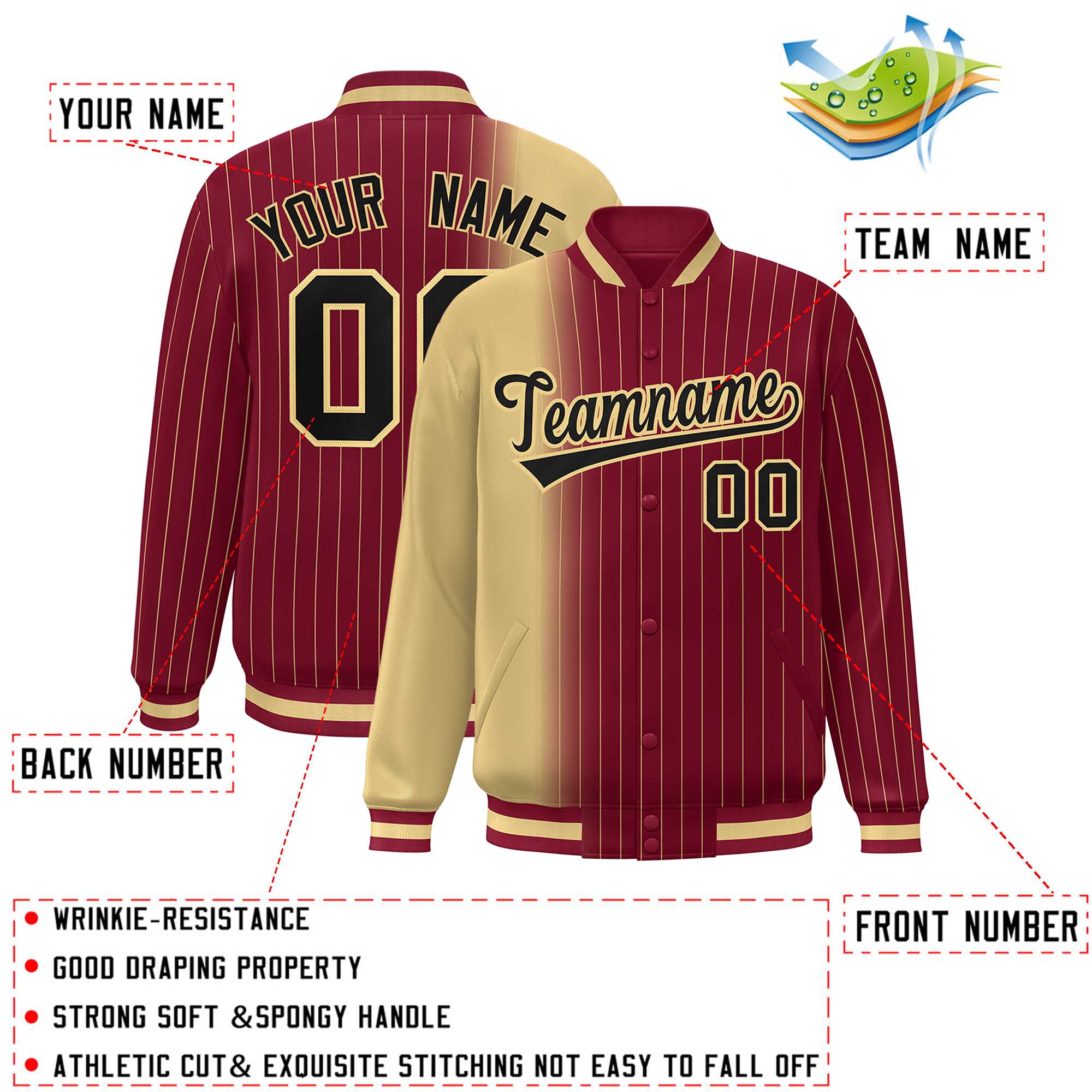 Custom Crimson Khaki Gradient Varsity Full-Snap Pinstripe Letterman Baseball Jacket