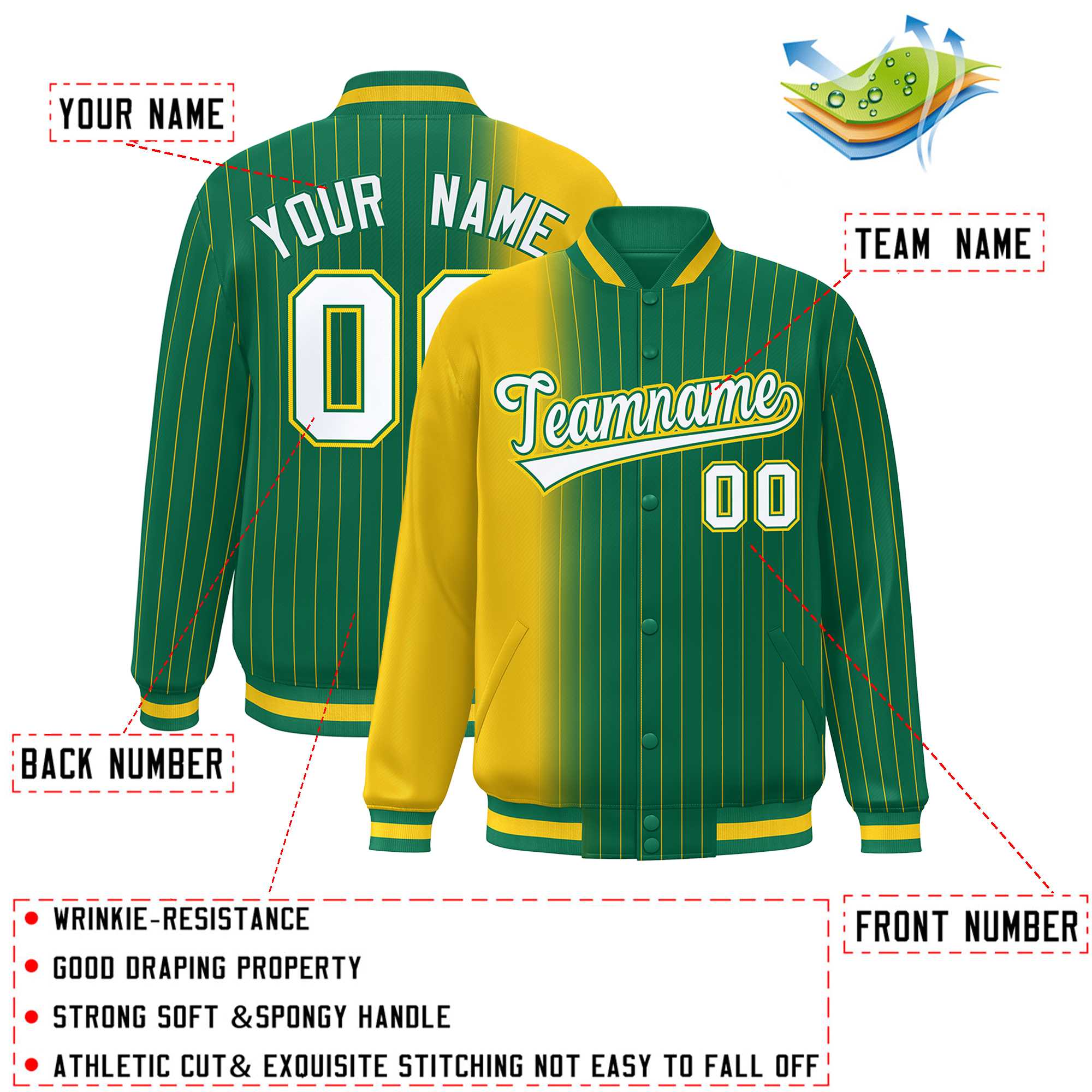 Custom Kelly Green Gold Gradient Varsity Full-Snap Pinstripe Letterman Baseball Jacket