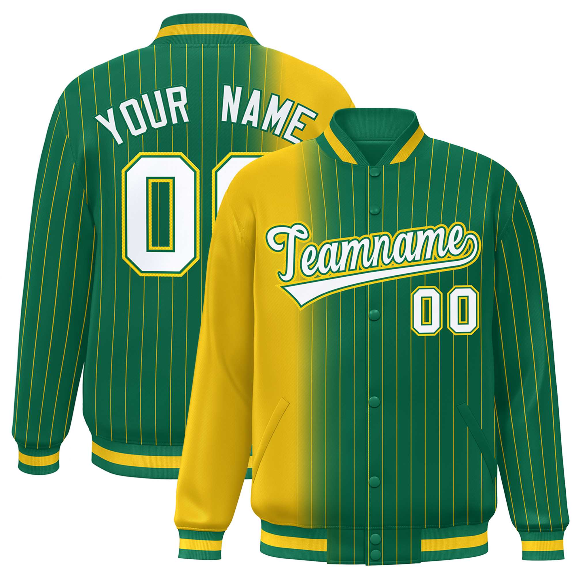 Custom Kelly Green Gold Gradient Varsity Full-Snap Pinstripe Letterman Baseball Jacket