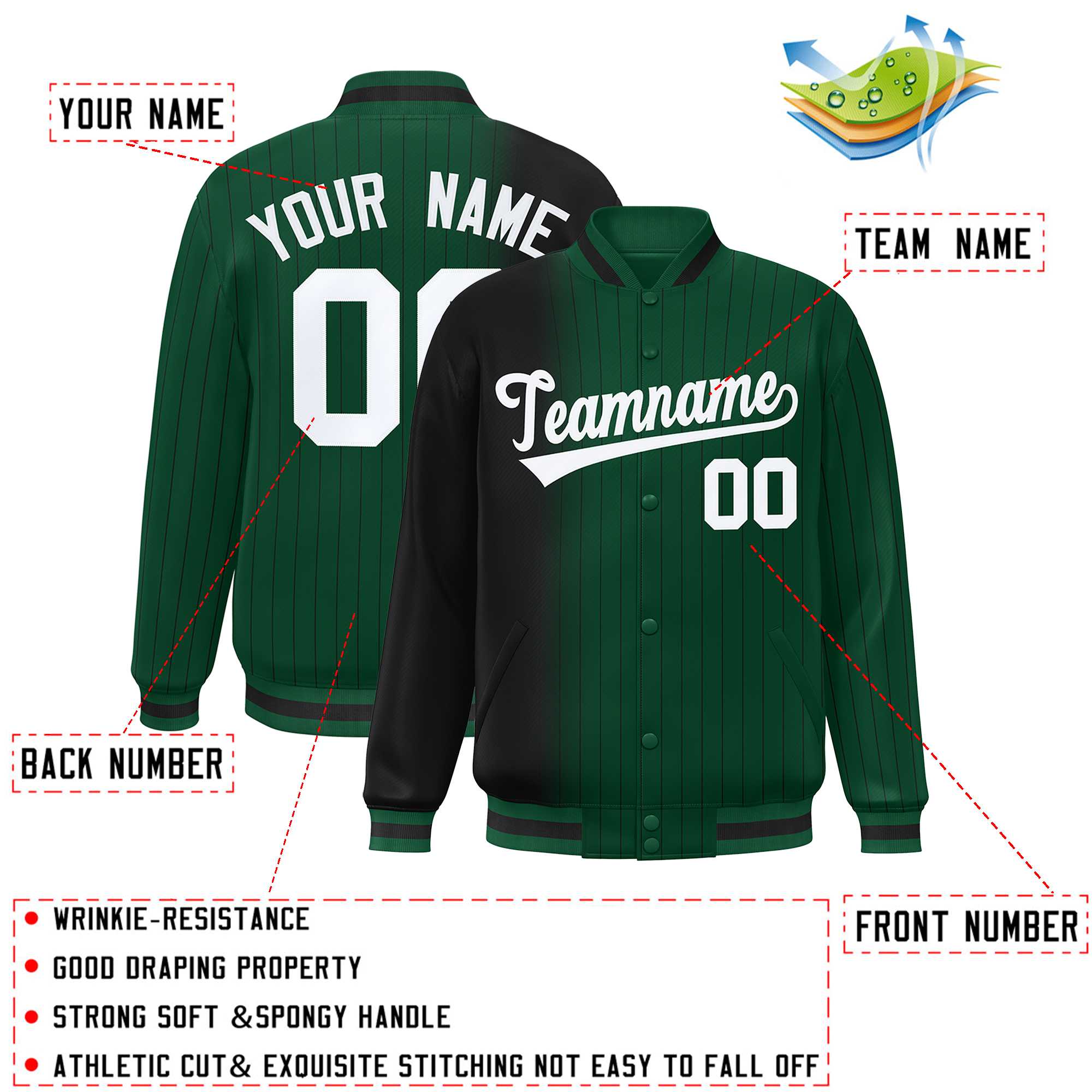 Custom Green Black Gradient Varsity Full-Snap Pinstripe Letterman Baseball Jacket