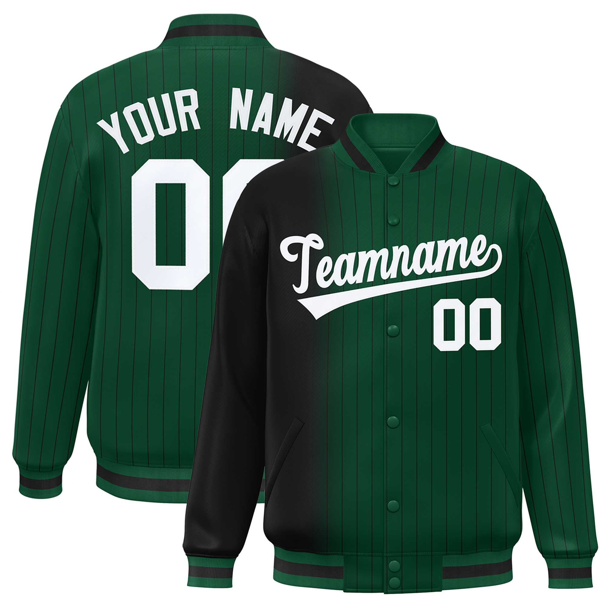 Custom Green Black Gradient Varsity Full-Snap Pinstripe Letterman Baseball Jacket