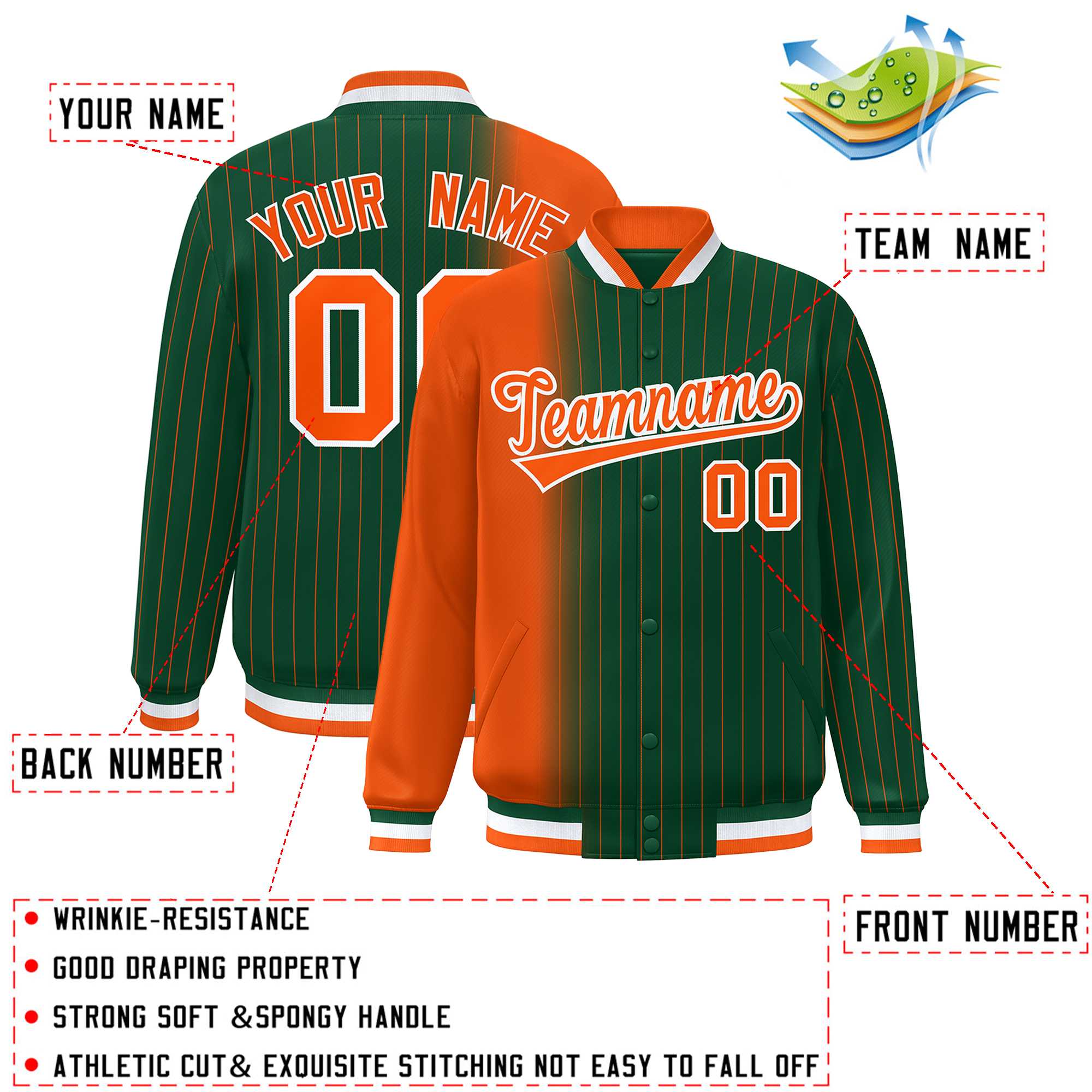 Custom Green Orange Gradient Varsity Full-Snap Pinstripe Letterman Baseball Jacket