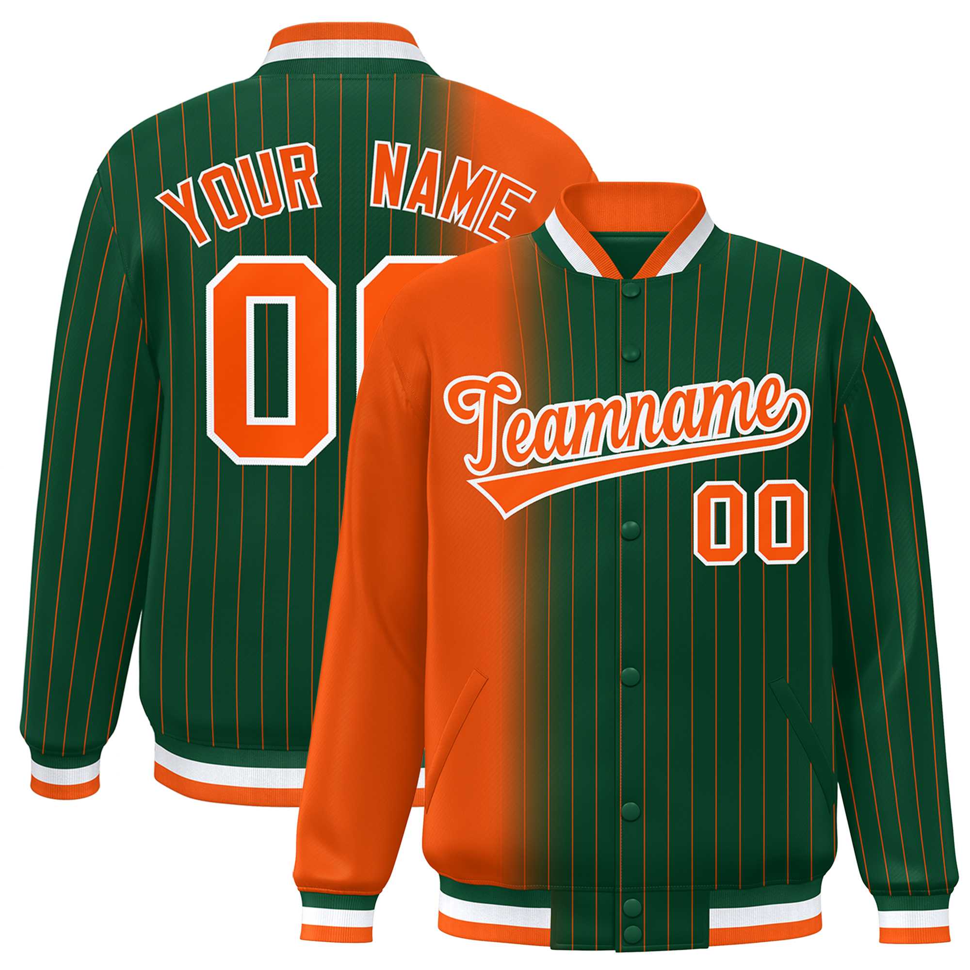 Custom Green Orange Gradient Varsity Full-Snap Pinstripe Letterman Baseball Jacket