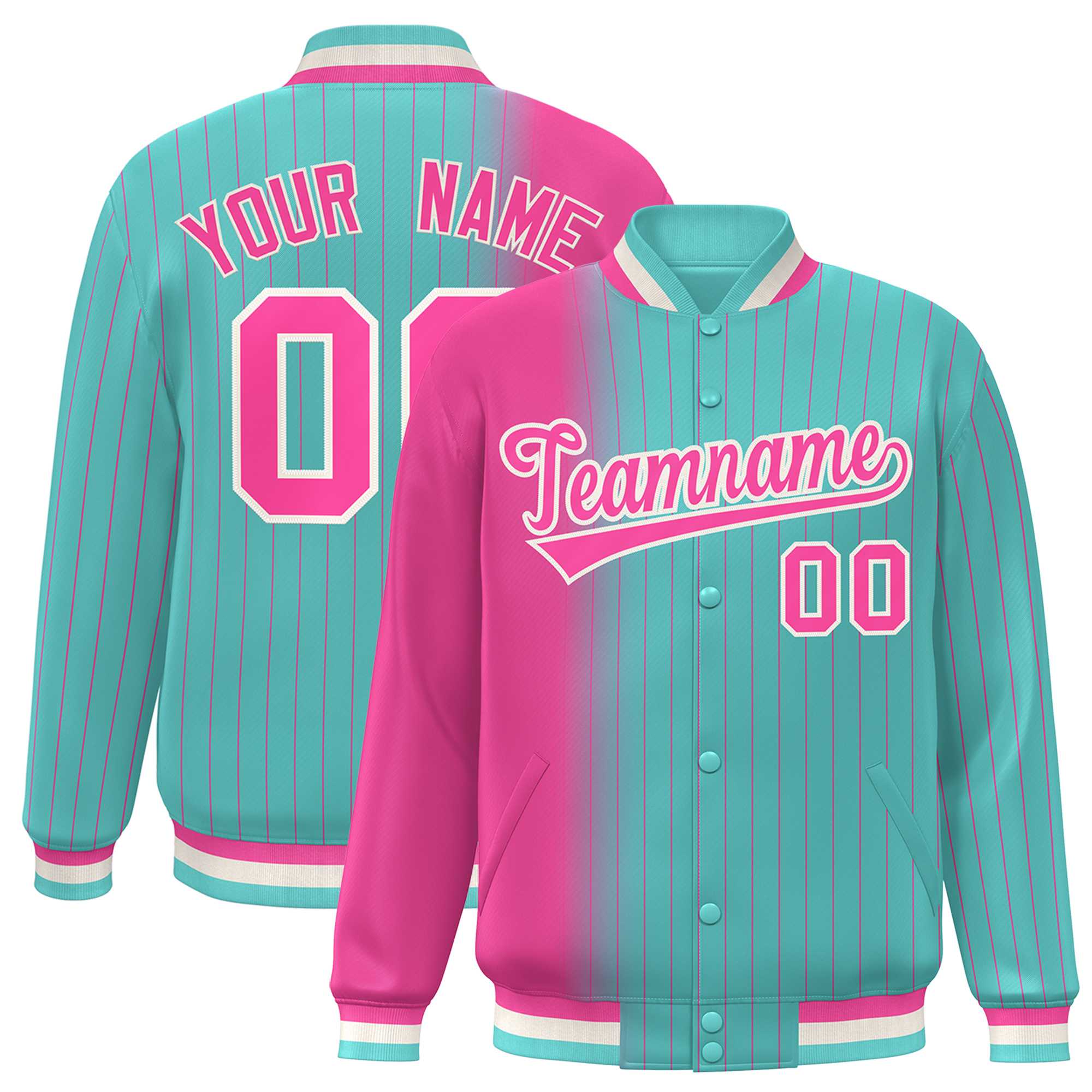 Custom Bright Green Pink Gradient Varsity Full-Snap Pinstripe Letterman Baseball Jacket