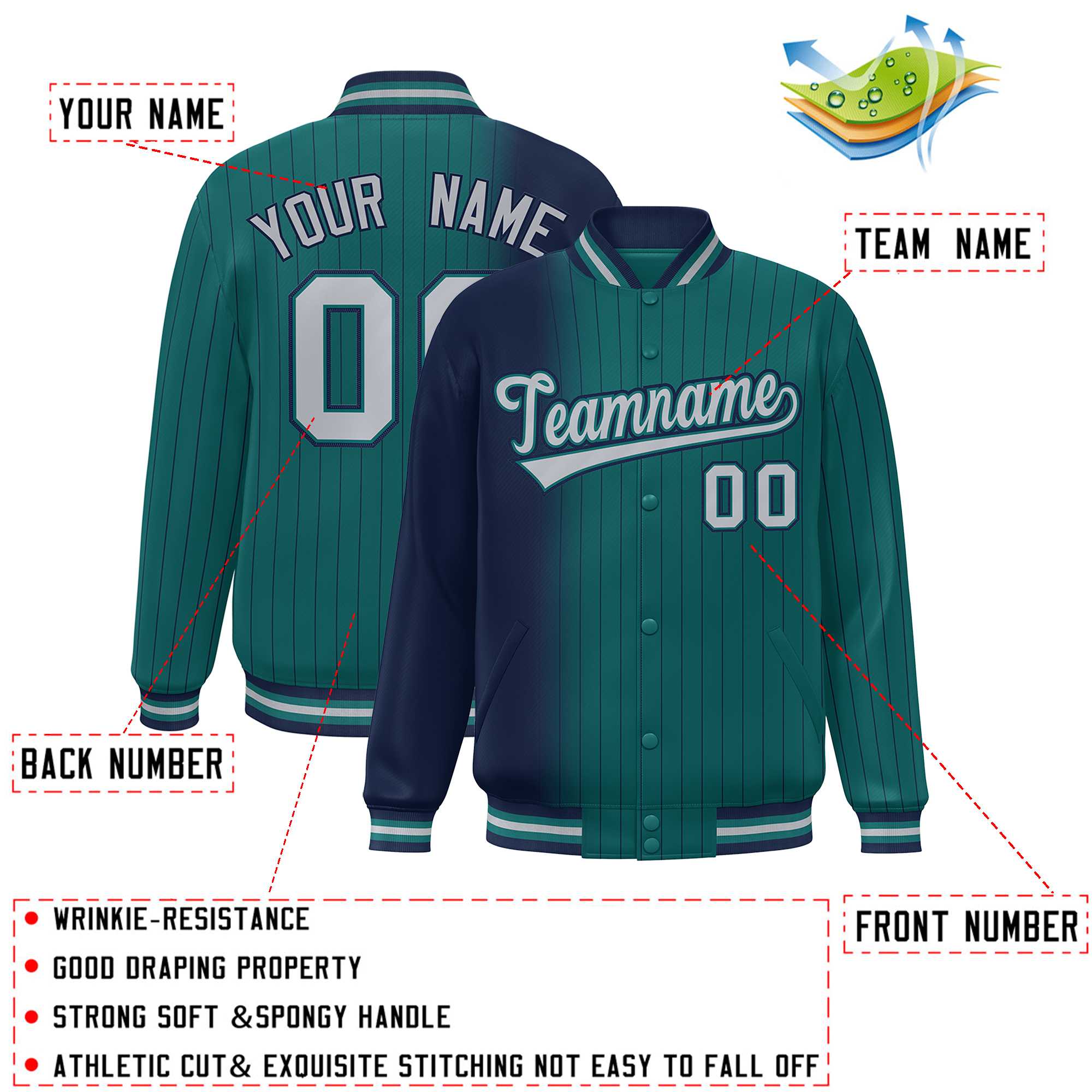 Custom Aqua Navy Gradient Varsity Full-Snap Pinstripe Letterman Baseball Jacket