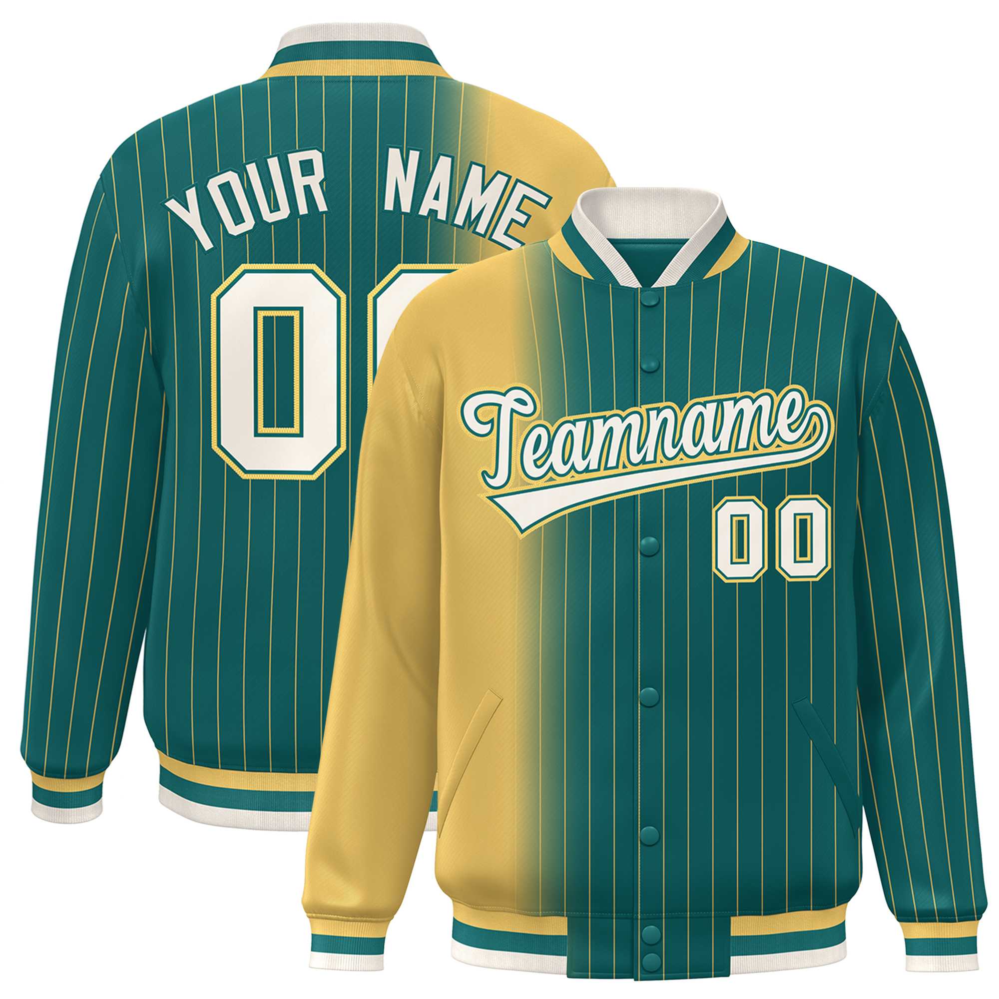 Custom AquaYellowGradient Varsity Full-Snap Pinstripe Letterman Baseball Jacket