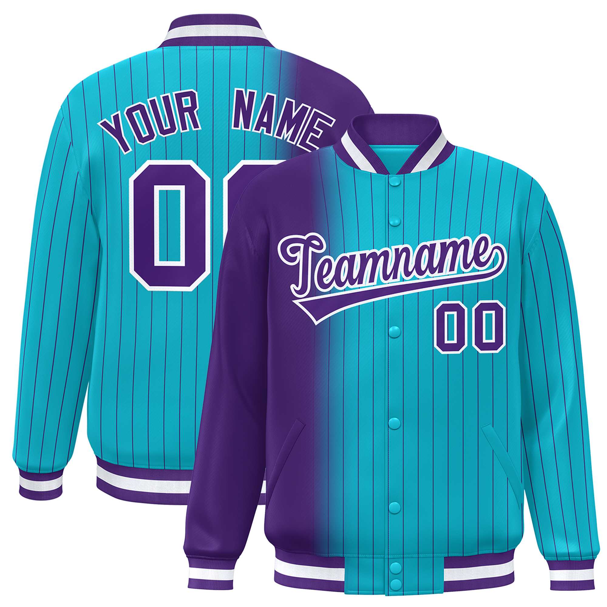 Custom Sky Blue Purple Gradient Varsity Full-Snap Pinstripe Letterman Baseball Jacket