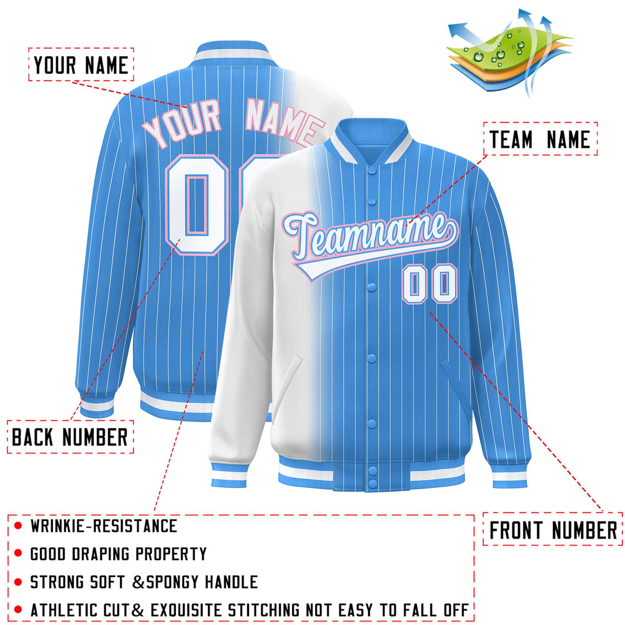 Custom Powder Blue White Gradient Varsity Full-Snap Pinstripe Letterman Baseball Jacket